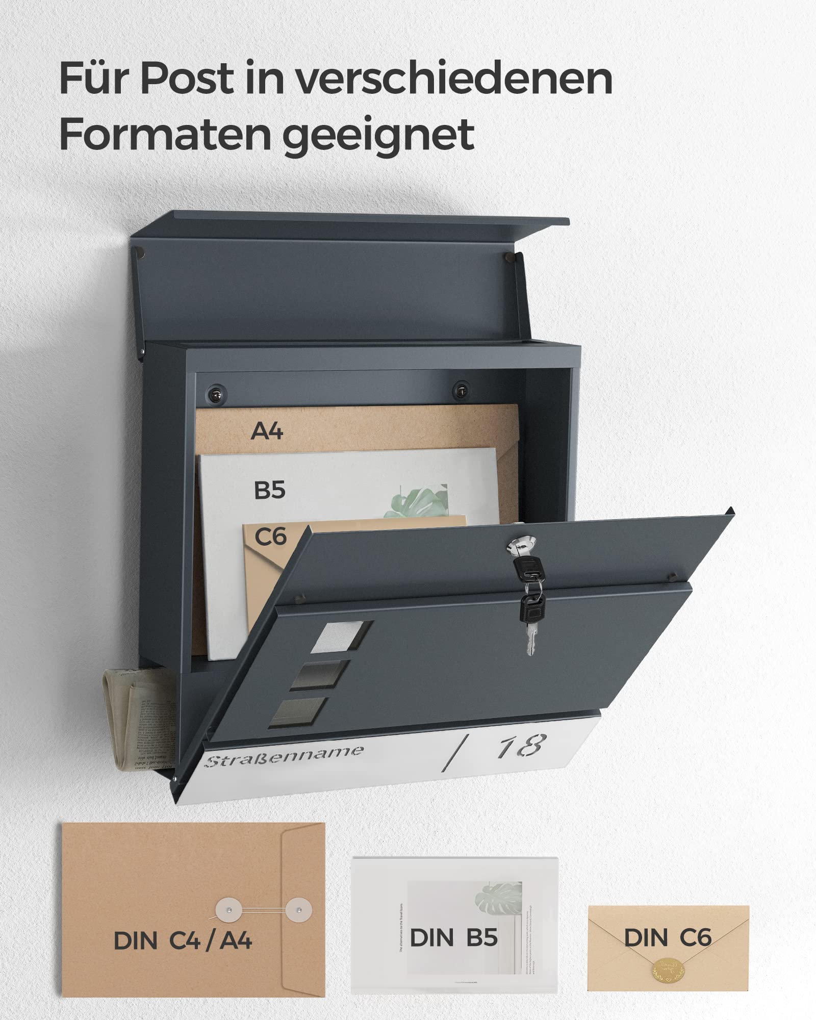 SONGMICS Briefkasten personalisiert, lasergraviertes Namensschild und Hausnummernschild, Postkasten, Zeitungsfach, V-förmiges Sichtfenster, Schloss, modern, anthrazit-silbern GMB081G01