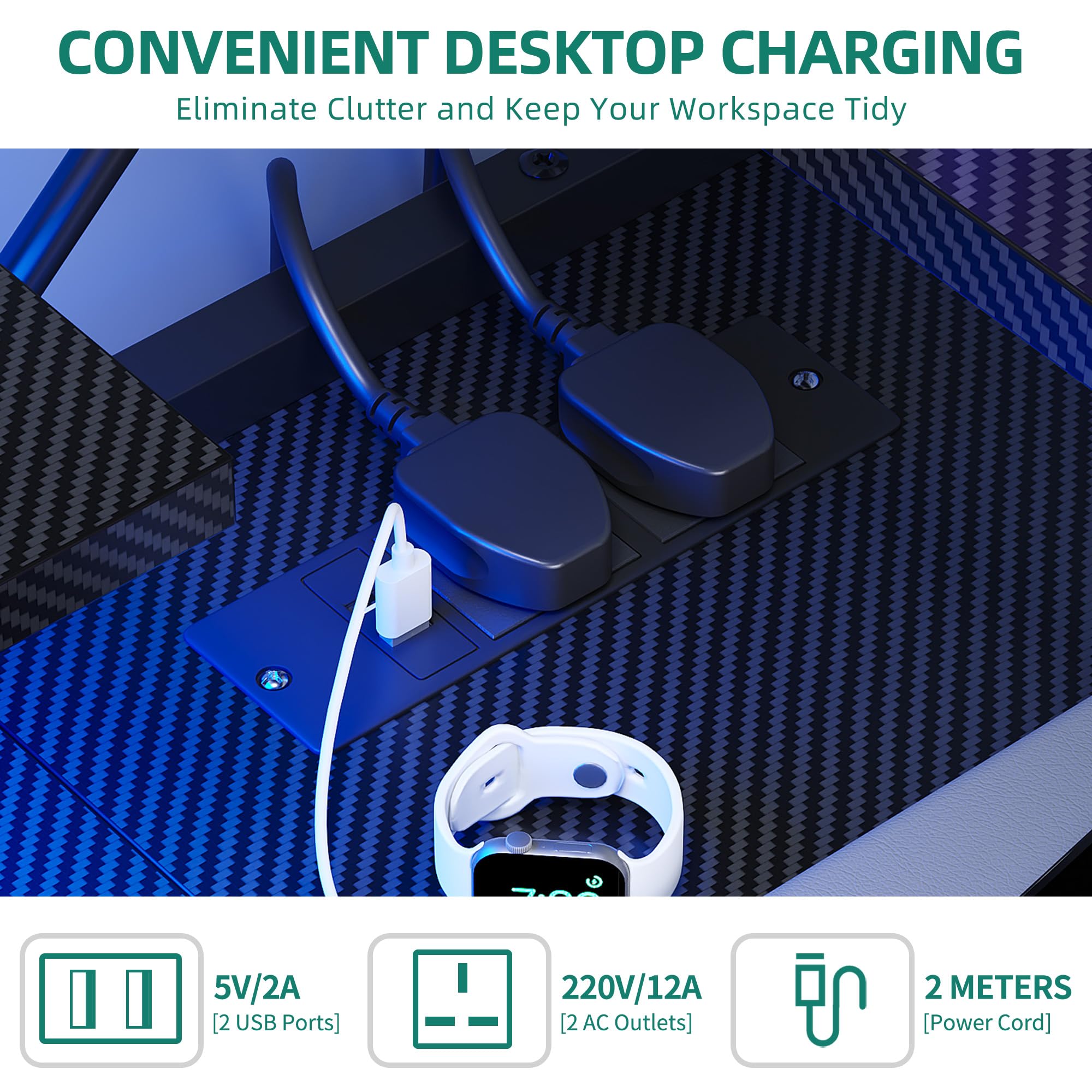 YITAHOME Escritorio esquinero para Juegos en Forma de L con Tomas de Corriente y Luces LED, Escritorio de Esquina con estantes de 120 cm, Escritorio Reversible para computadora con estantes de