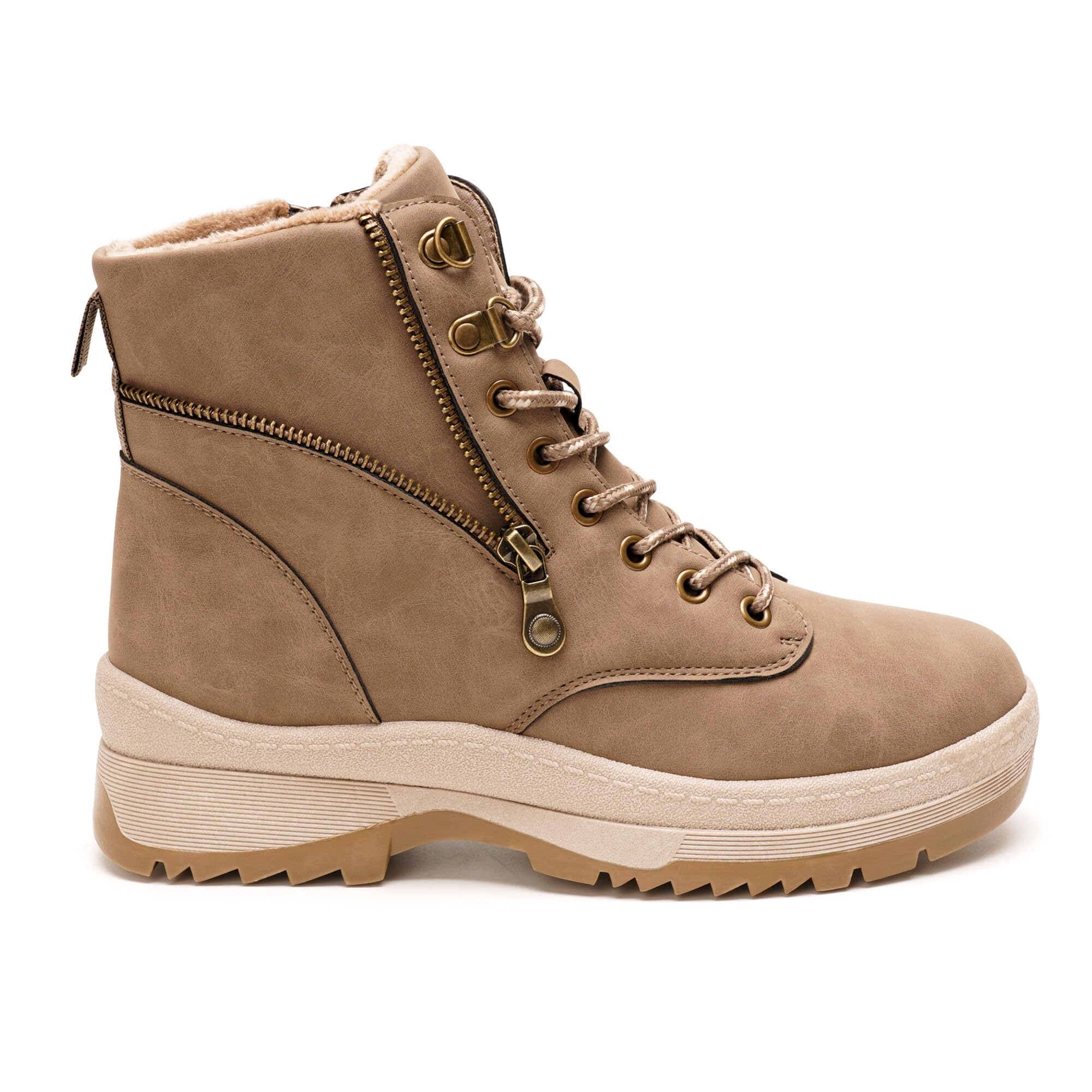 GLAMORA Botas de Nieve para Mujer, Botines de Invierno Estilo Montaña, Antideslizantes, Resistentes al Agua, con Pelo, Cremallera Lateral y Cordones