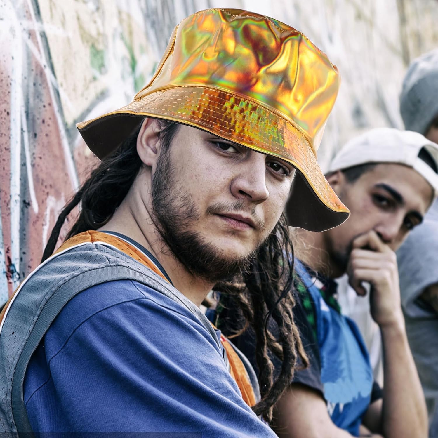 SHOWERORO Unisex Metallic Pu Bucket Hat Festival Bucket Cap Hip-hop Streetwear Reflective Party Hat for Adults Women Music Events Eye-catching Gold