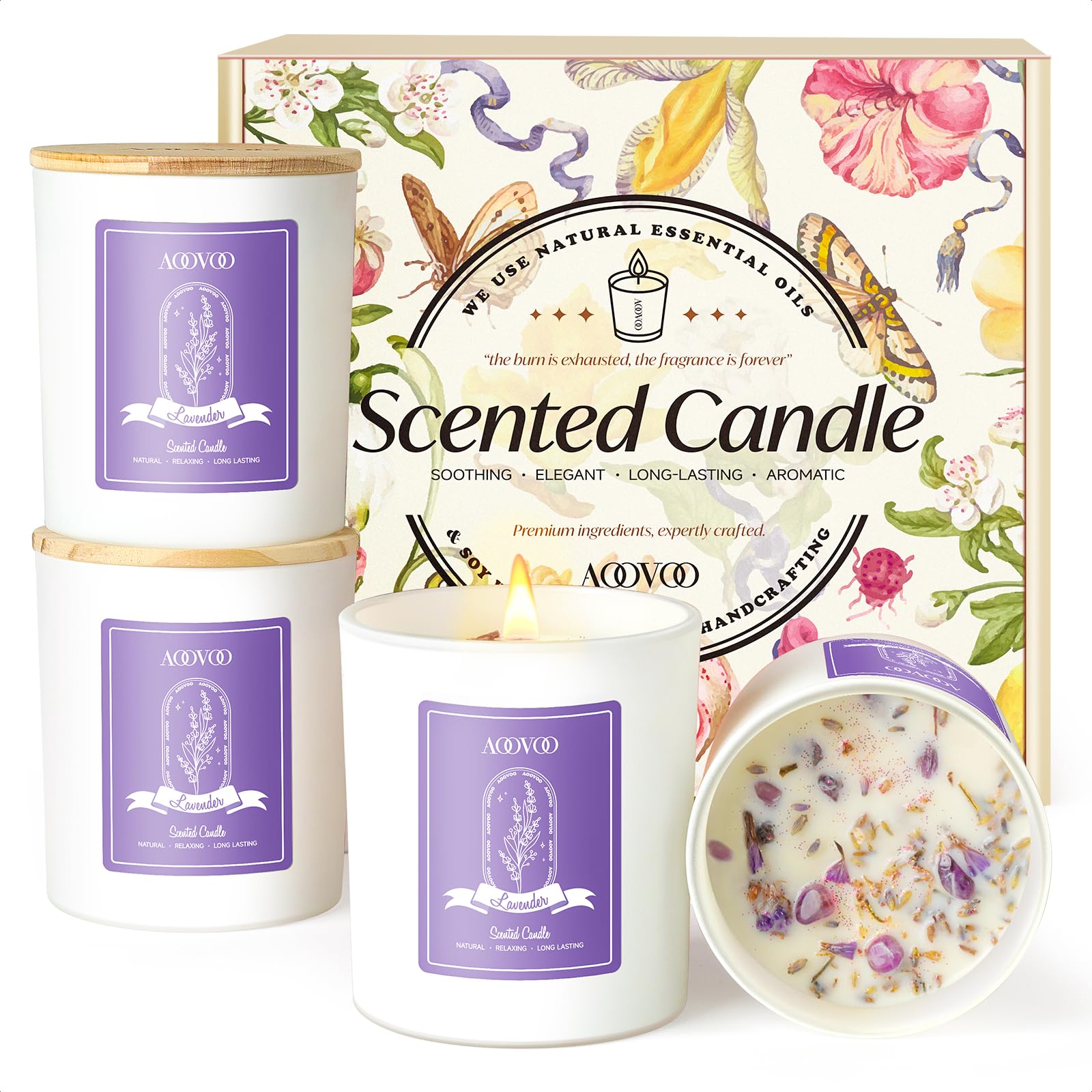 AOOVOO Lavender Candles Set for Women - 4 Pack Candles for Home Scented, Aromatherapy Candle with Crystals Inside, 28 oz 200 Hour Long Lasting, Birthday Gifts Mothers Day Candle for Women Mom