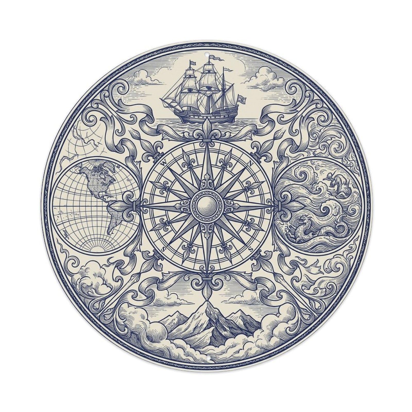 Vintage Nautical Compass World Map Astrolabe Chronicle Metal Tin Sign