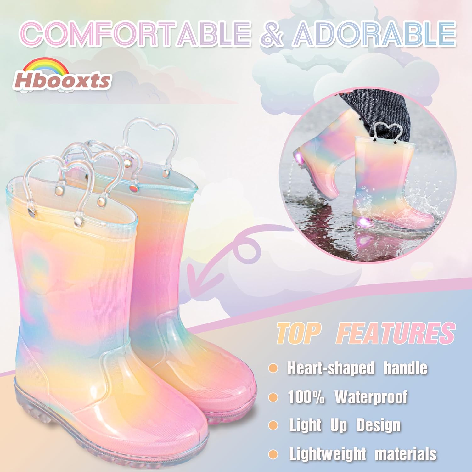 Hbxooxts Toddler Rain Boots Waterproof Rubber Kids Rain Boots for Girls and Boys with Fun Patterns and Easy-On Handles