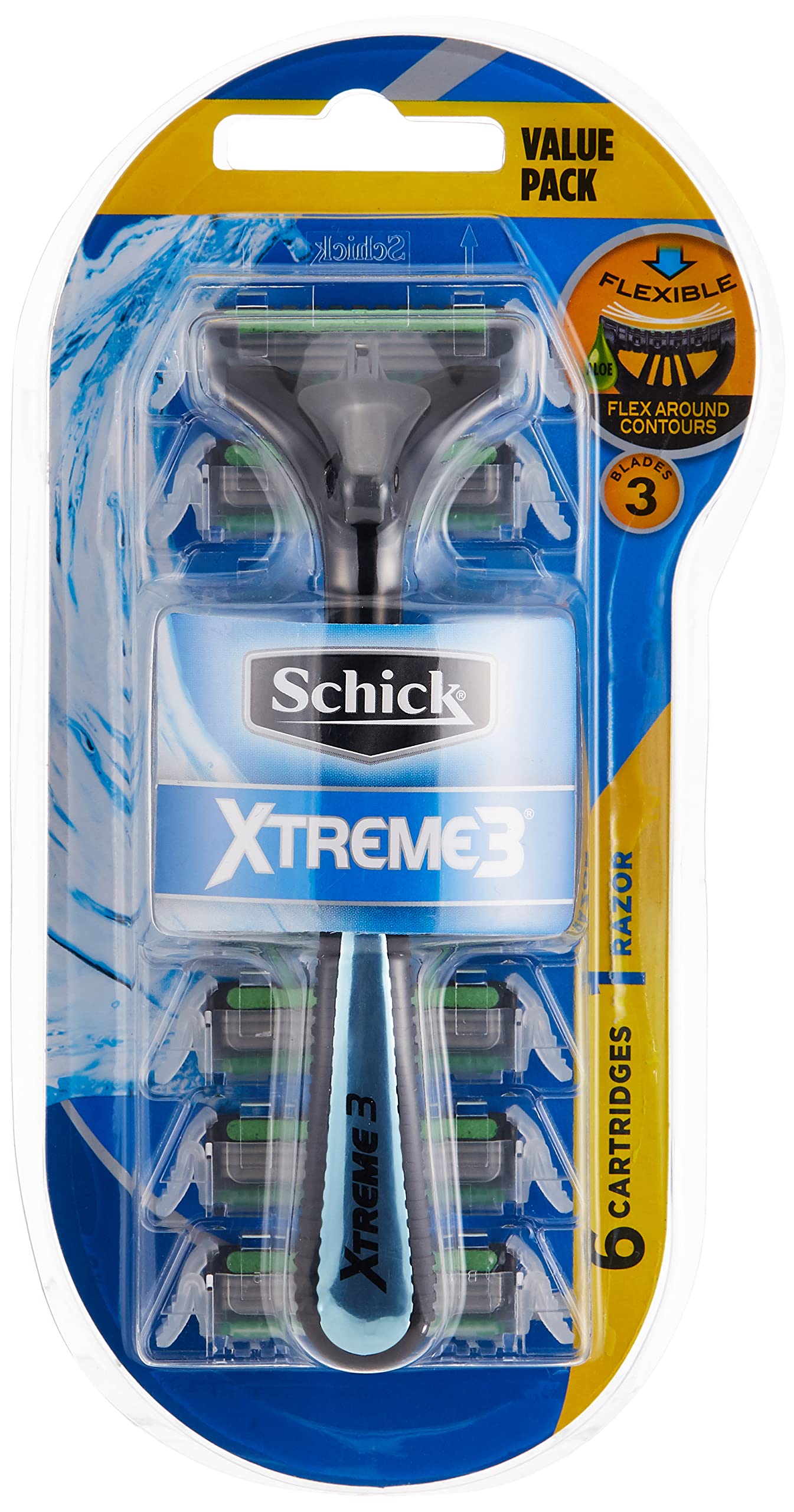 Schick Xtreme3 Hybrid Tripple Blade Razor Kit For Men- Push & Hold Clean Button-Strip Enriched With Aloevera-Comfortable Rubber Grip-Flexible Head-Smooth & Comfort Shave-1 Razor & 6 Cartridges