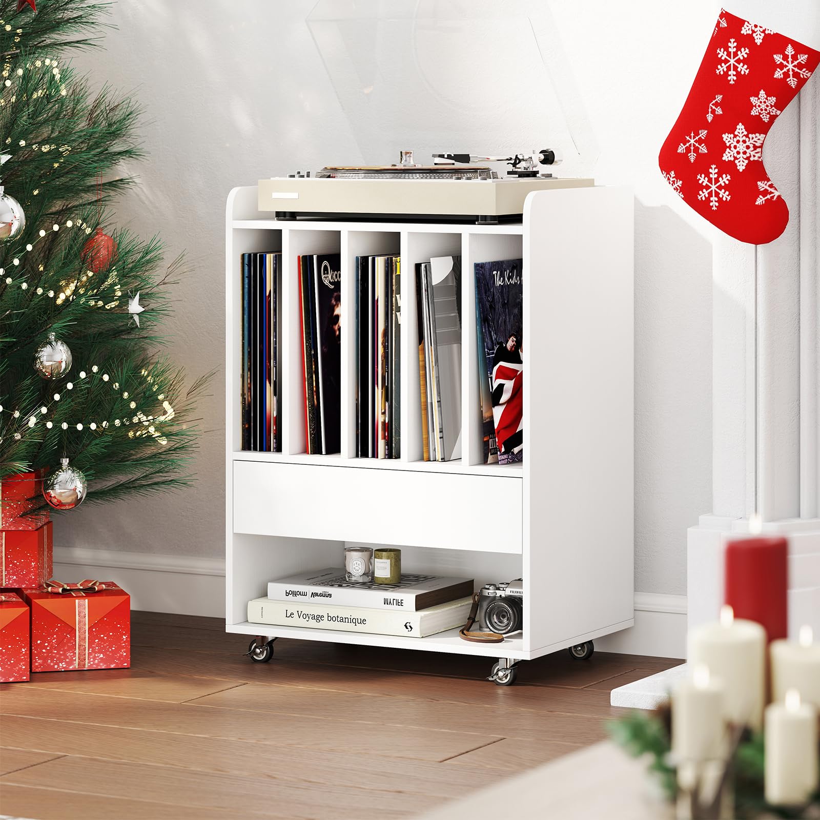 COSTWAY Mobile Porta Vinili con 4 Ruote Universali, Porta Dischi Vinile con Cassetto, Scomparto Aperto e Gancio Rimovibile, Mobile Giradischi Salvaspazio per Studio, Ufficio e Soggiorno (Bianco)