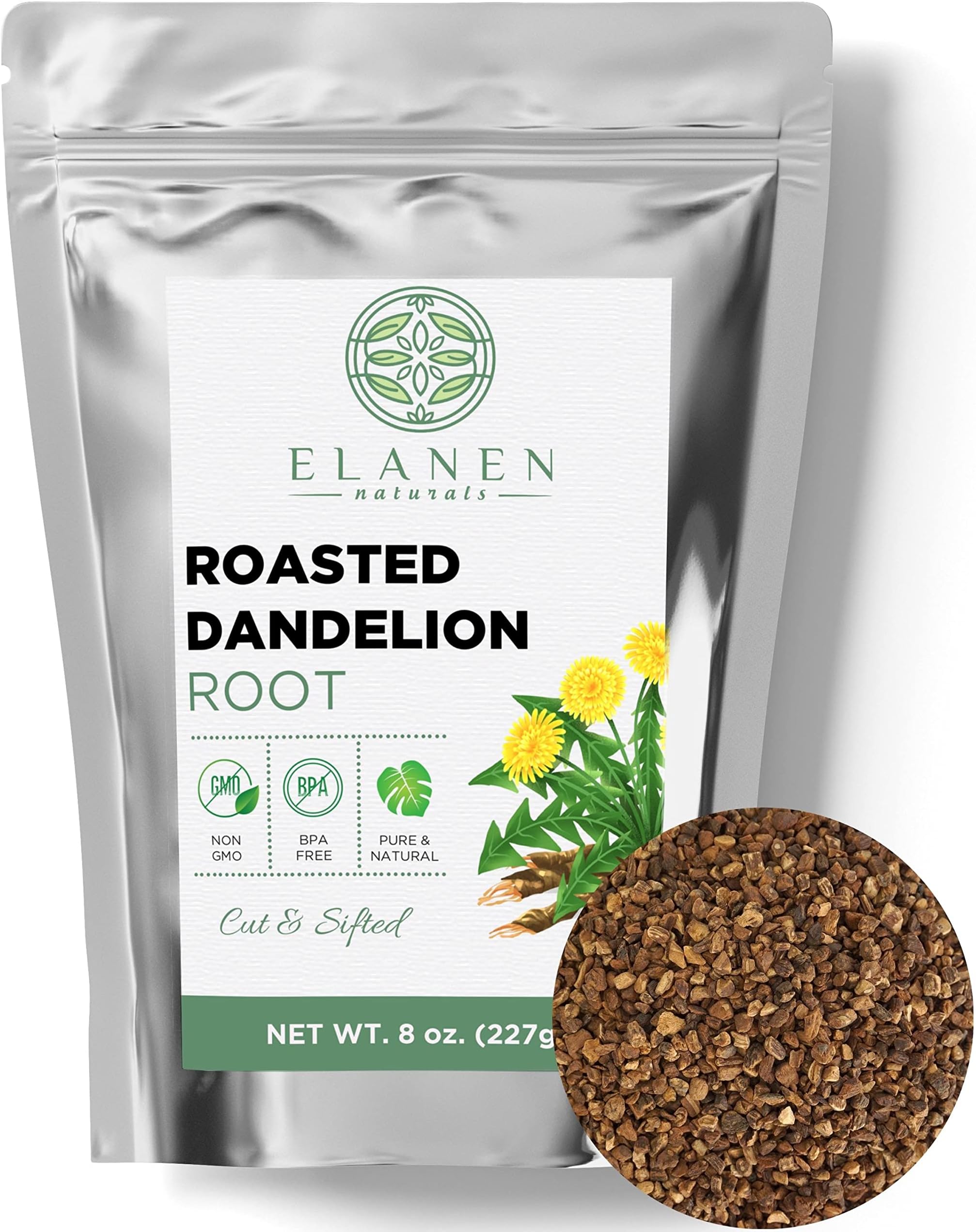 Roasted Dandelion Root Tea 8 oz. (227g), Contains ORGANIC Non-GMO Roasted Dandelion Root in Non-BPA Packaging, Dandelion Root Tea, Taraxacum Officinale, Cut & Sifted
