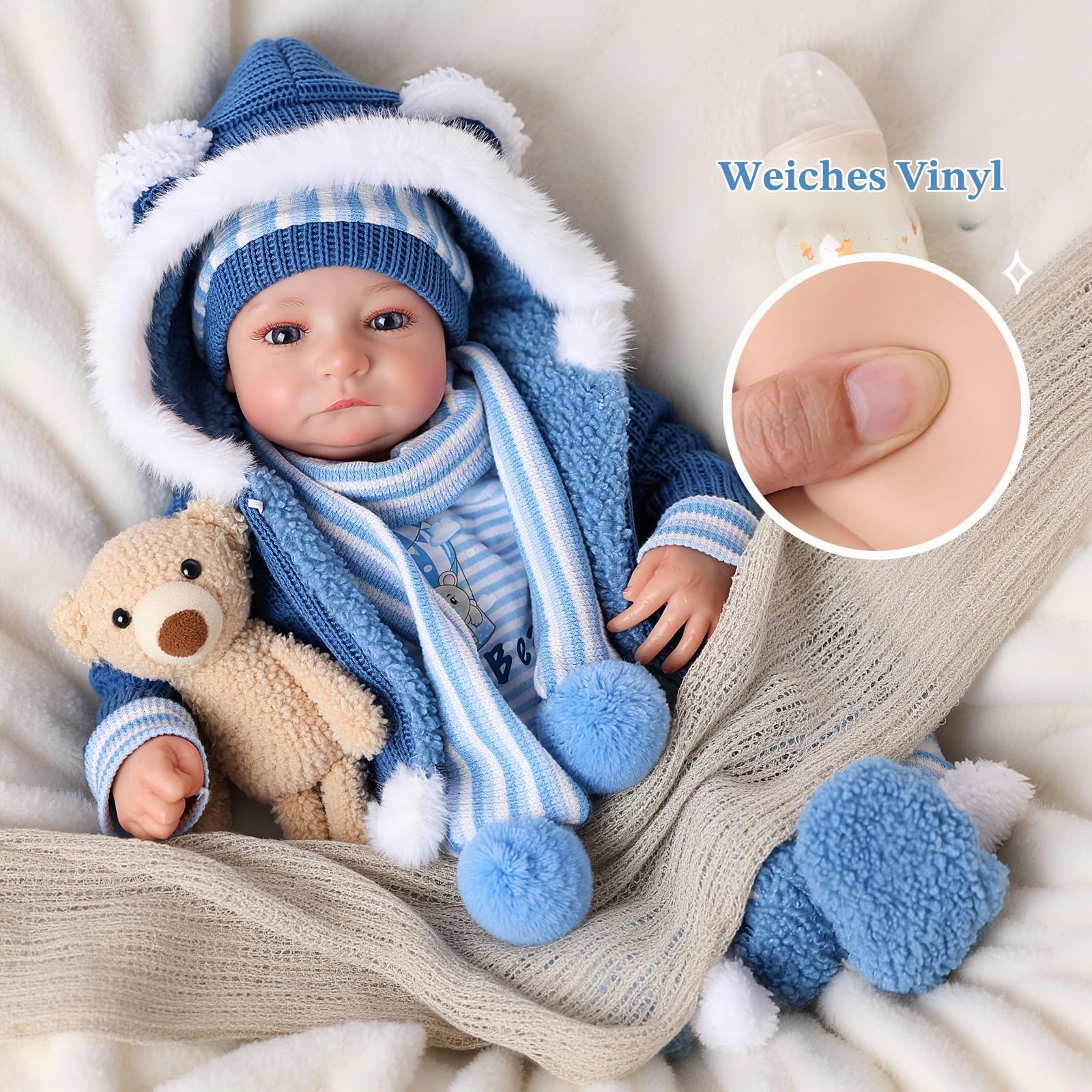 BABESIDE Lebensechte Reborn-Babypuppe Junge 43 cm (17 Zoll) Realistisches Babygefühl Weicher Vinylkörper Lebensechte Babypuppe mit Spielzeug und Geschenkbox
