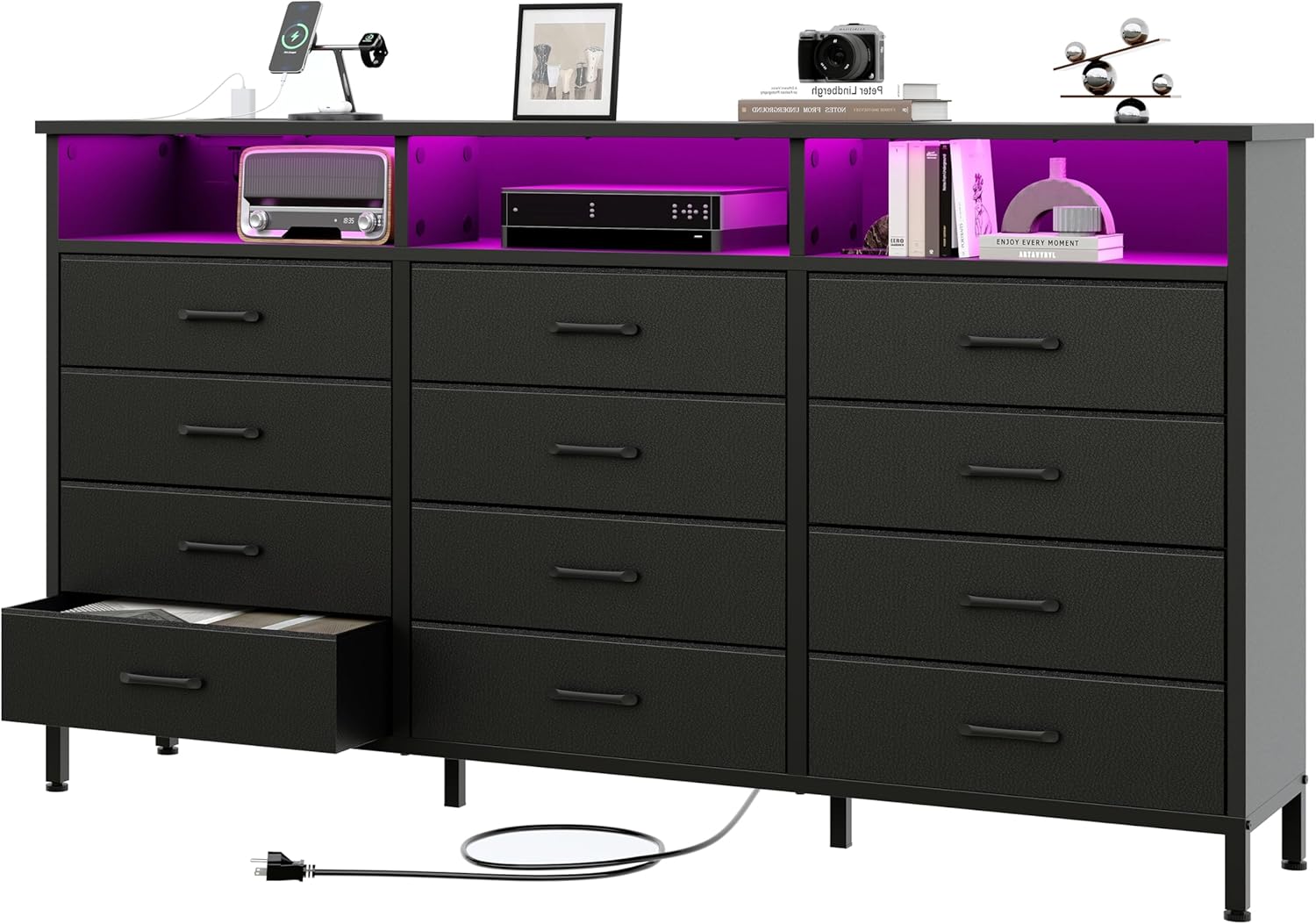 Dresser for Bedroom Black Bedroom Dresser with LED Lights and Charging Station, 12 Long Fabric Drawers Dressers, Vertical Chest of Drawers Storage Organizer TV Stand for up to 65″ TV for Living Room