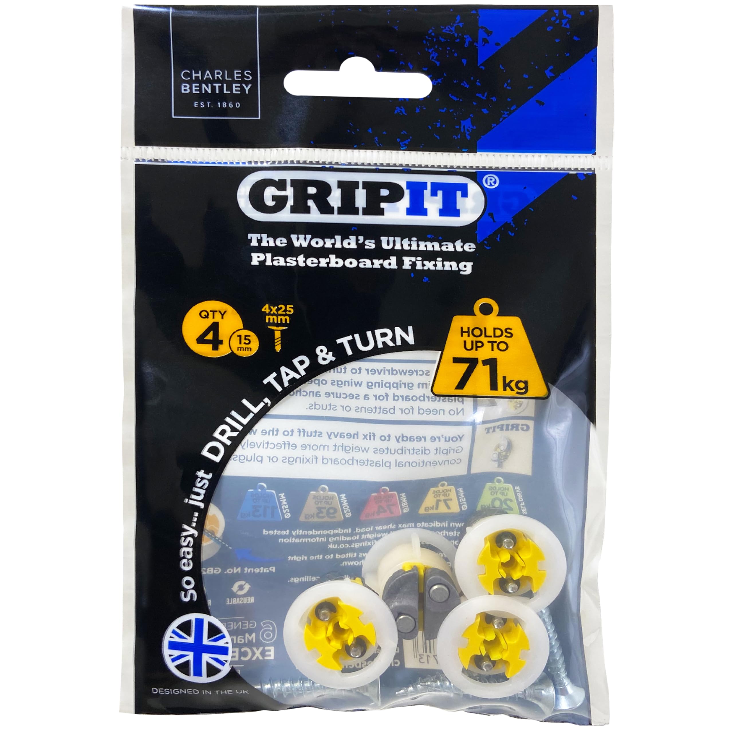 Yellow Plasterboard Fixings - Pack of 4 - Heavy Duty Plasterboard Fixings for Drywall & Stud Walls, Holds Up to 71kg - Ideal for Blinds, Curtains, Mirrors & Frames - Easy Install & UK Designed