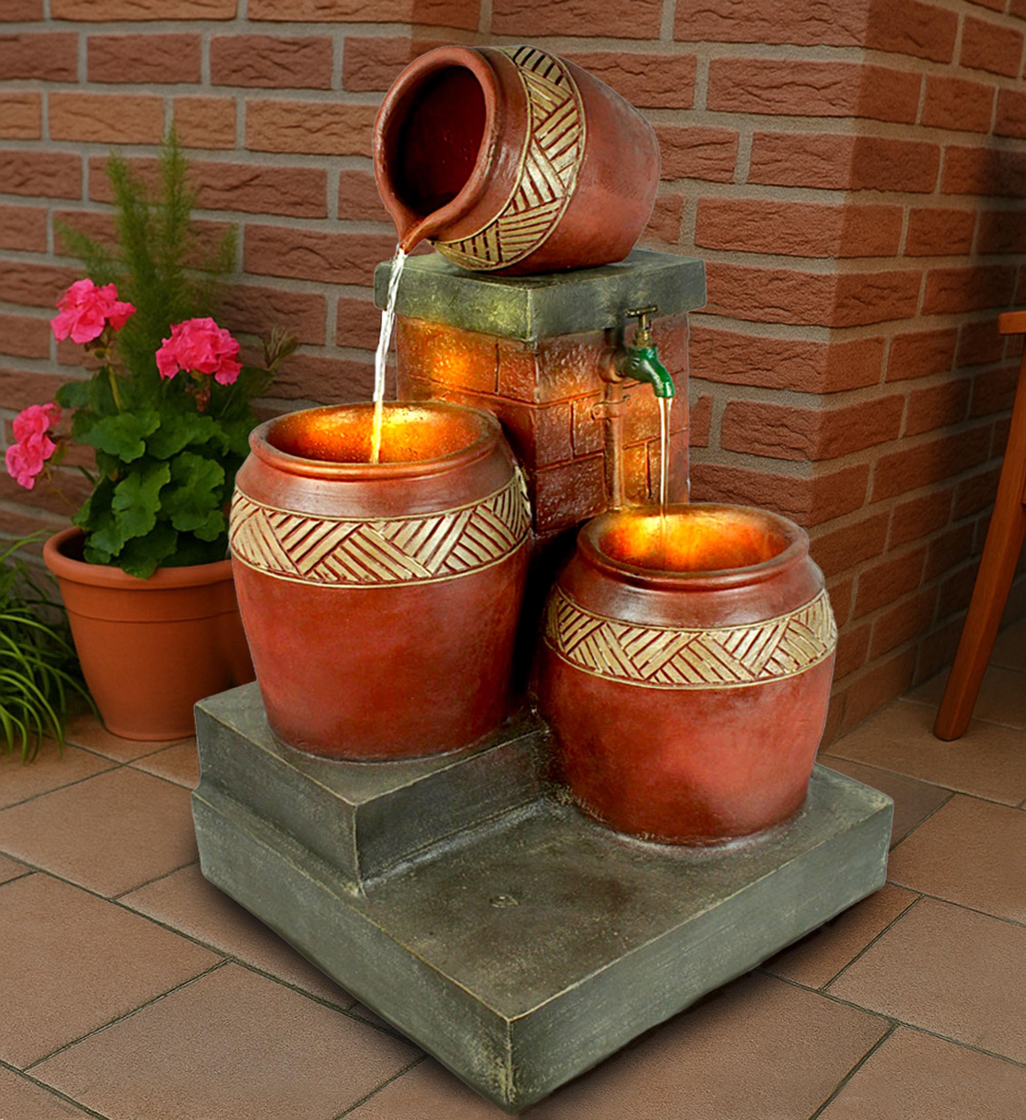 Fontana con brocche con illuminazione a LED, fontana da giardino a cascata