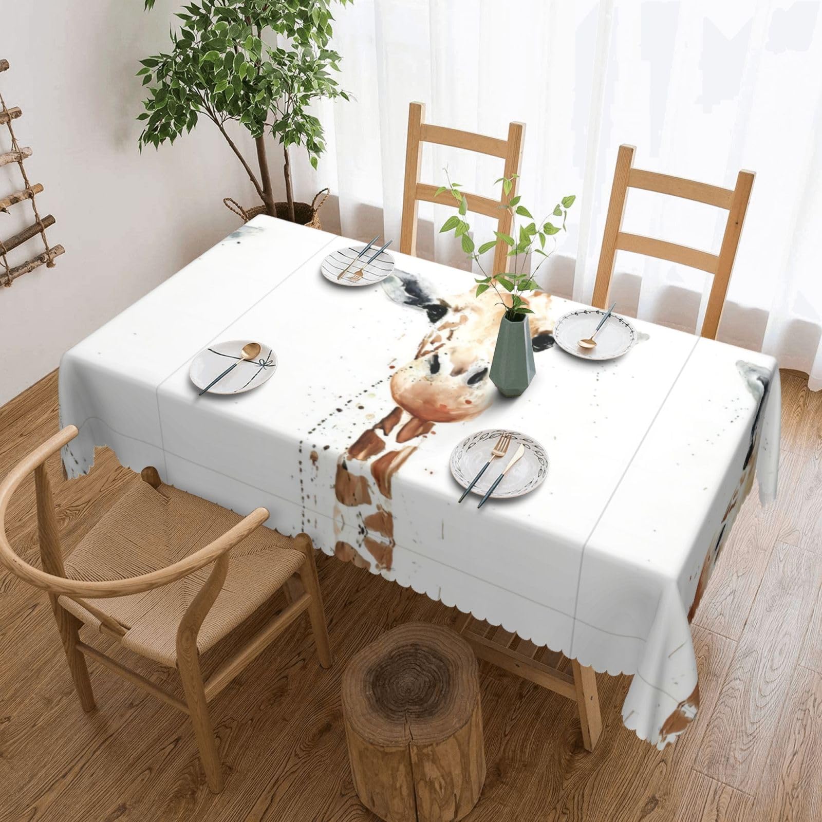 QAZWZML clever giraffe Printed tablecloth, made of thick polyester with lace trim, suitable for dining rooms, picnics, and weddings