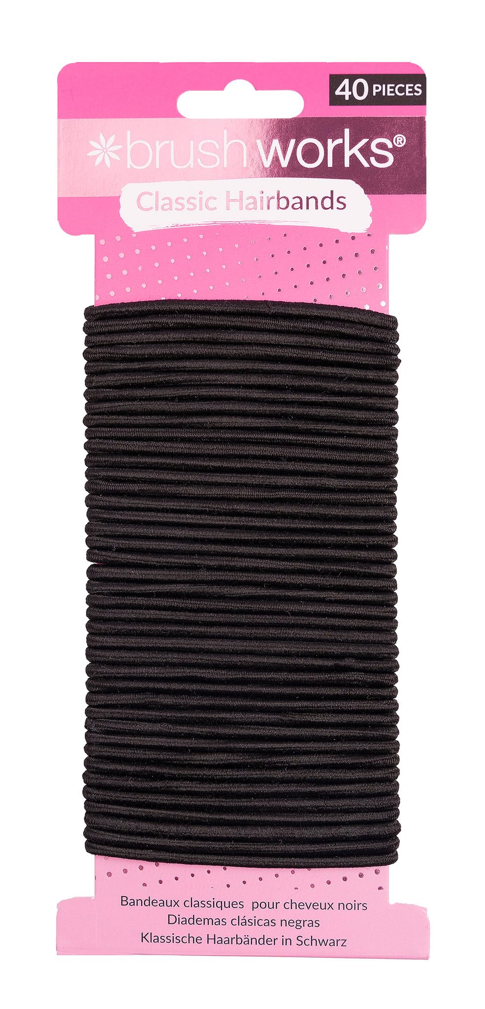 Brushworks Classic Black Hairbands 40 Pack – Strong & Stretchy Elastic Hair Ties for Ponytails, Buns & Braids, Secure Hold & Gentle on Hair