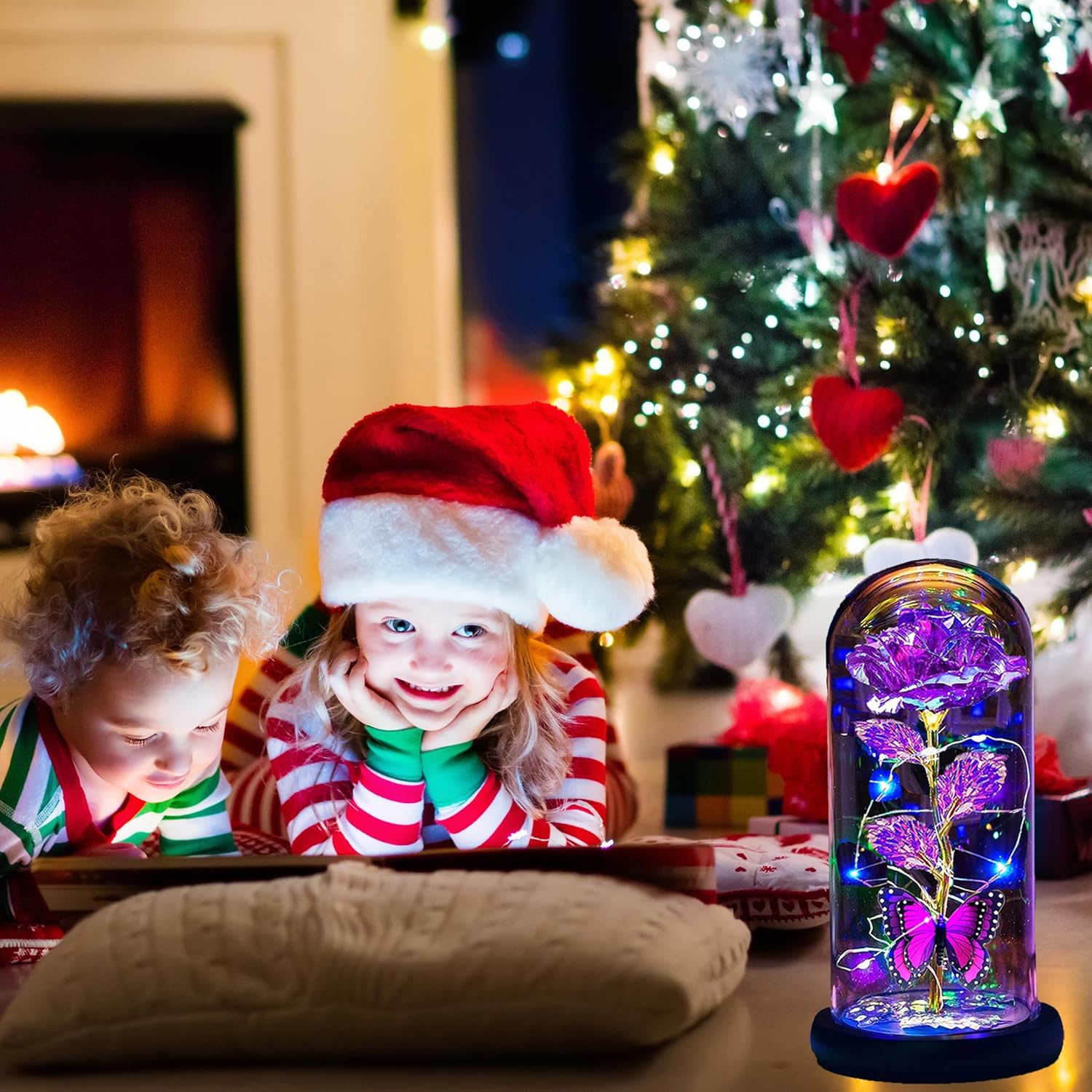 Mothers Day Flowers Gifts for Mom Wife Her Women,Light Up Rose Flower in A Glass Dome,Mother Day Rose Presents Her from Daughter Butterfly Birthday Gifts for Mom Women Sister Grandma Daughter Purple