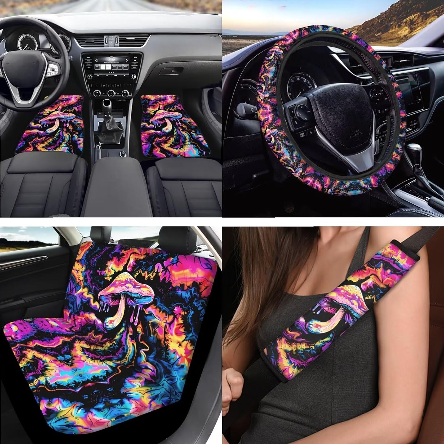 Mushroom Printed Car Seat Cover Full Set of 17 Piece, Non Slip Automotive Interior Accessories Set for Women, Purple Car Floor Mats Steering Wheel Cover Seatbelt Pads Armrest Cover