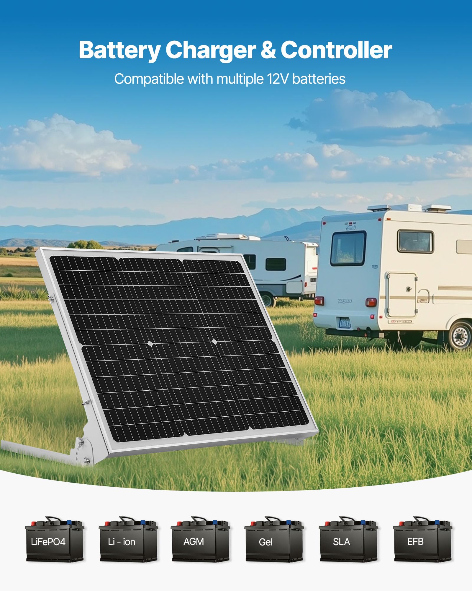 VEVOR Caricabatterie per Pannello Solare da 50 W e 12 V, Celle Monocristalline, Controllo MPPT Esterno, Staffa di Montaggio Regolabile, Impermeabile IP65, per Auto, Barche, Camper, Rimorchi