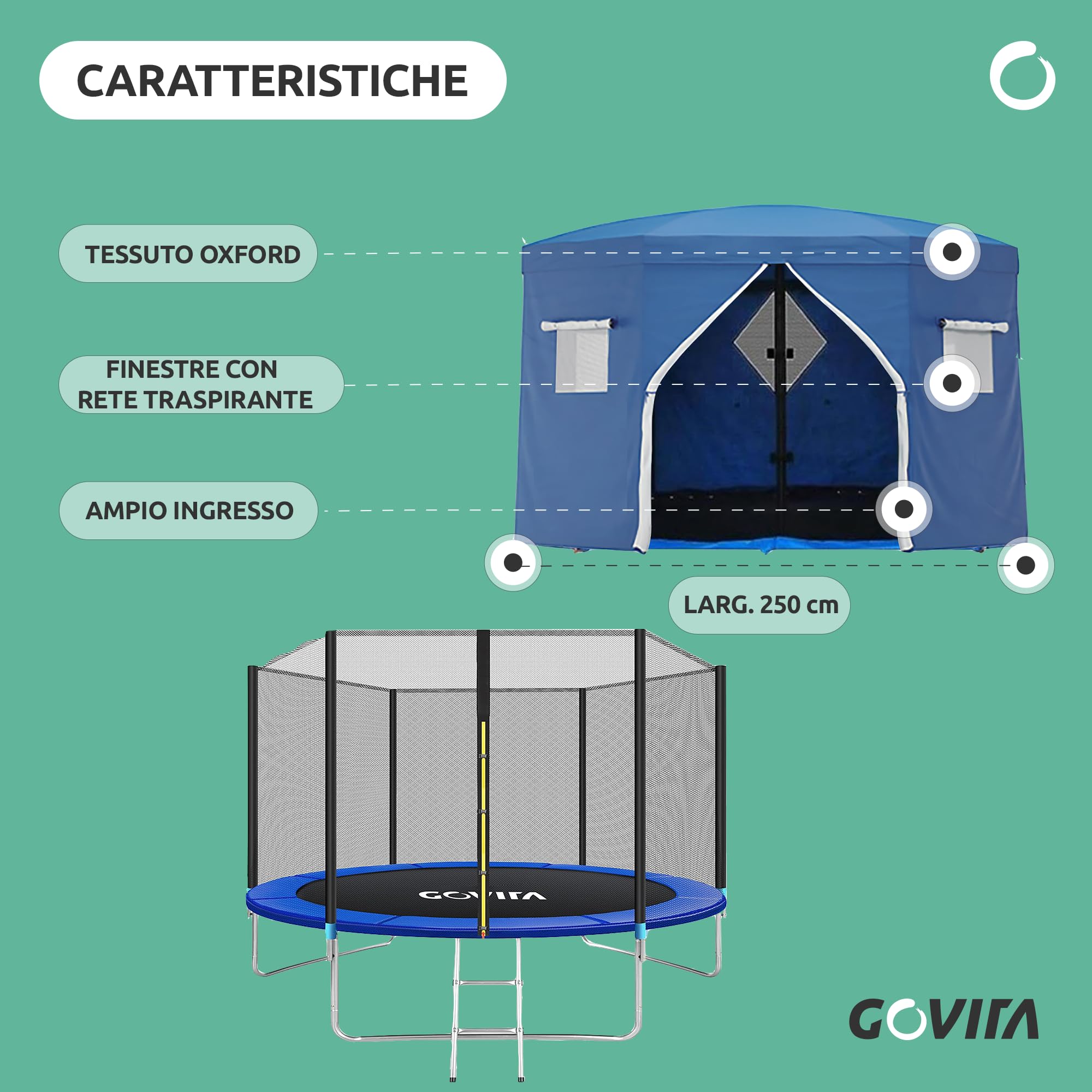 GOVITA Tenda per Trampolino 250 cm con Rete, Copertura Parasole e Antipioggia, Tetto Impermeabile UV per Trampolino da Giardino, Gazebo Trampolino per Bambini, Protezione Sole, Vento e Pioggia | Traspirante ed Impermeabile