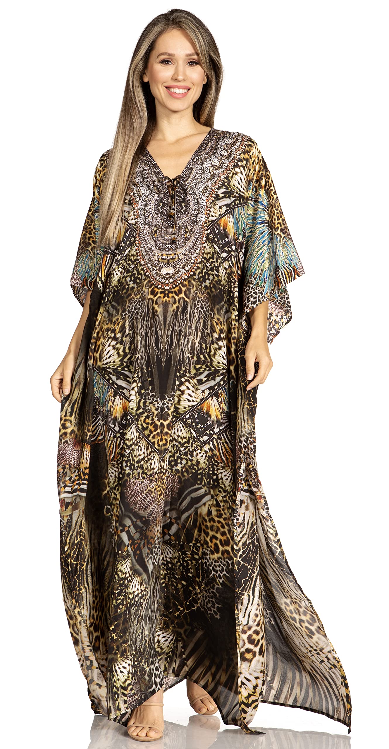 Sakkas Yeni Women's Short Sleeve V-Neck Summer Floral Long Caftan Dress Cover-up