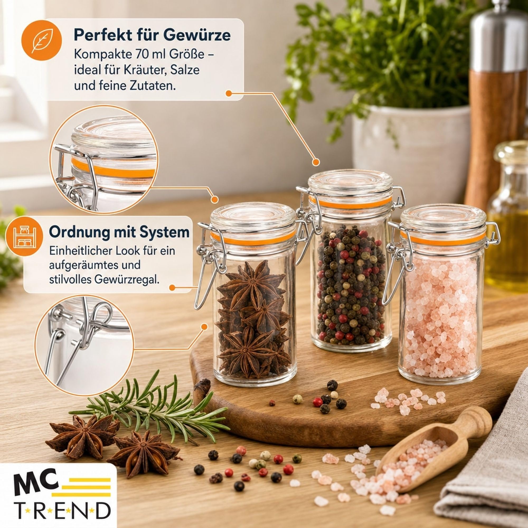 MC-Trend 24er Set Einmachglas mit Gummiring und Bügelverschluss Größe: 70ml Vorratsglas (24)