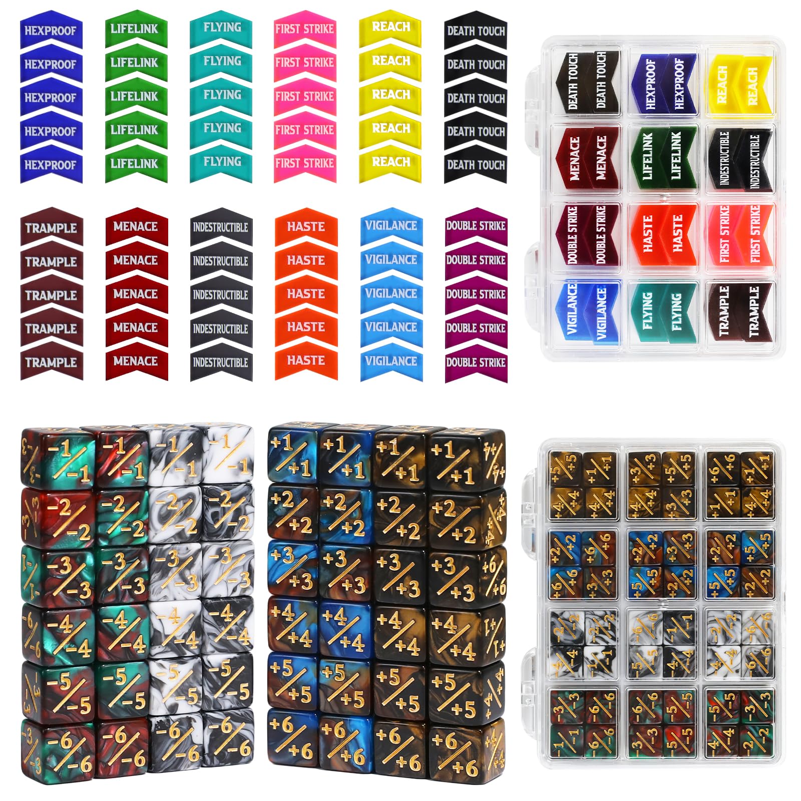 SIXPOINTS 108 Stück 12 mm MTG Zählwürfel +1/+1 Spielsteine, 6-seitige Würfel & MTG-Schlüsselwortzähler für Magic The Gathering, MTG, TCG, Kartenspiel-Zubehör (4 Farbwürfel #F + MTG-Schlüsselwortzähler