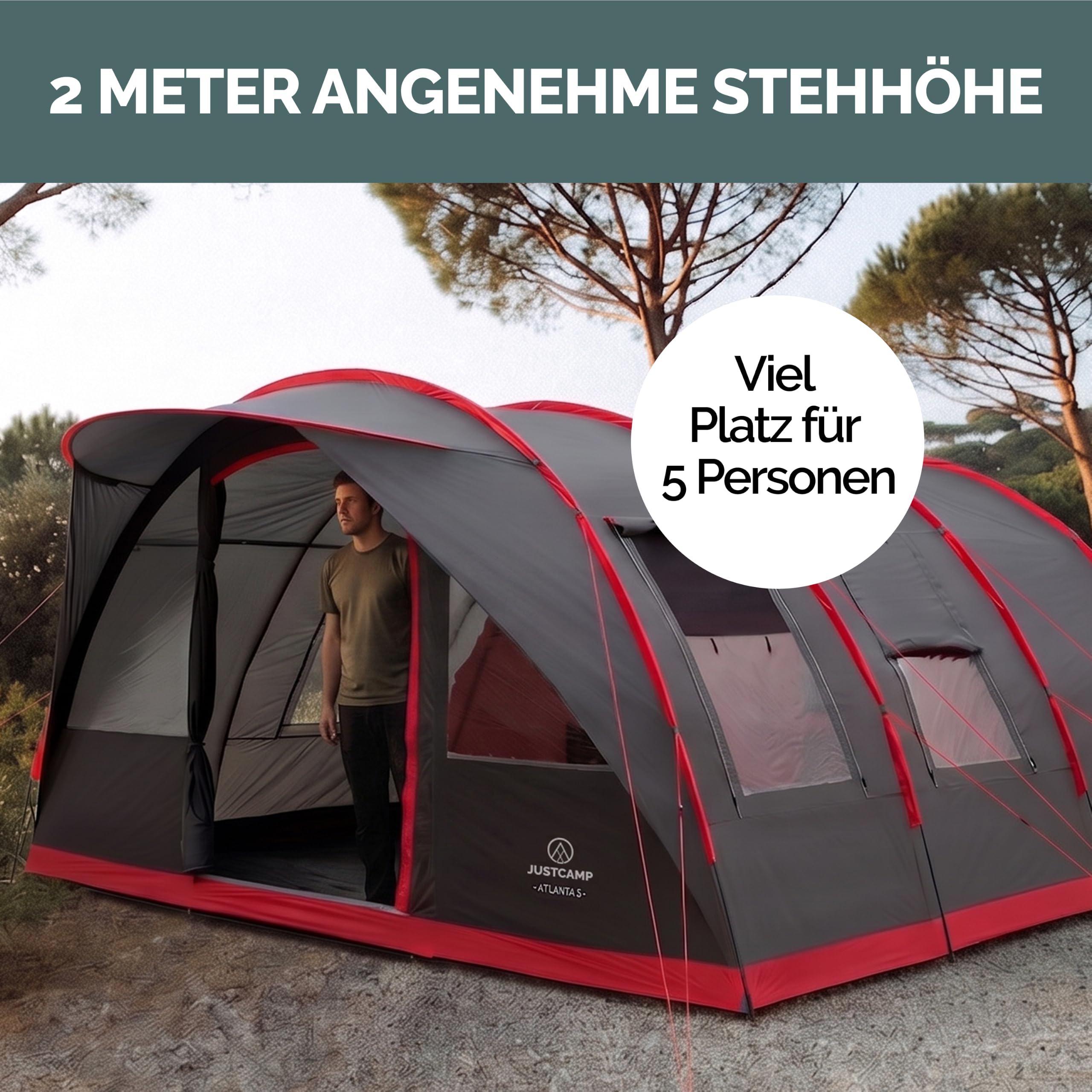 JUSTCAMP Atlanta 3-7 Personen Familienzelt Tunnelzelt mit Stehhöhe wasserdicht Campingzelt