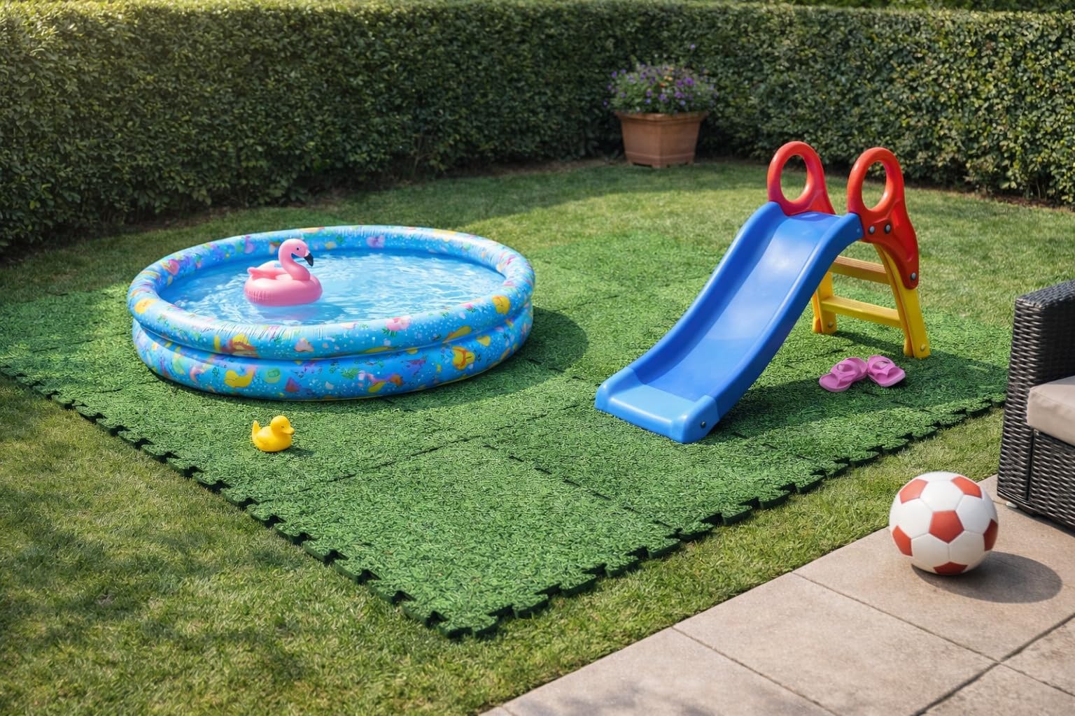 Baldosas de Foam para Piscina 50 x 50 cm – Set de 8 Piezas Tipo Puzzle – Base Exterior Extra Gruesa y Suave para Piscina, Piscina Infantil, Zona de Juegos & terraza – Efecto césped