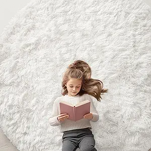 OLANLY Ivory Round Rugs for Bedroom - Machine Washable, 7 ft Circle Area Rugs for Living Room, Soft and Fluffy Shaggy Carpet for Teen Girls and Boys, Nursery Rooms, Dorms, Home Decor Aesthetic