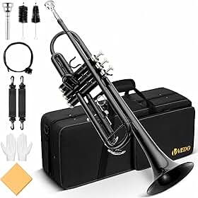VEDO Conjunto de Trompete Bb Standard: Trompete de metal para estudantes com bocal rígido 7C e luvas, adequado para iniciantes ou estudantes avançados, orquestras, preto.