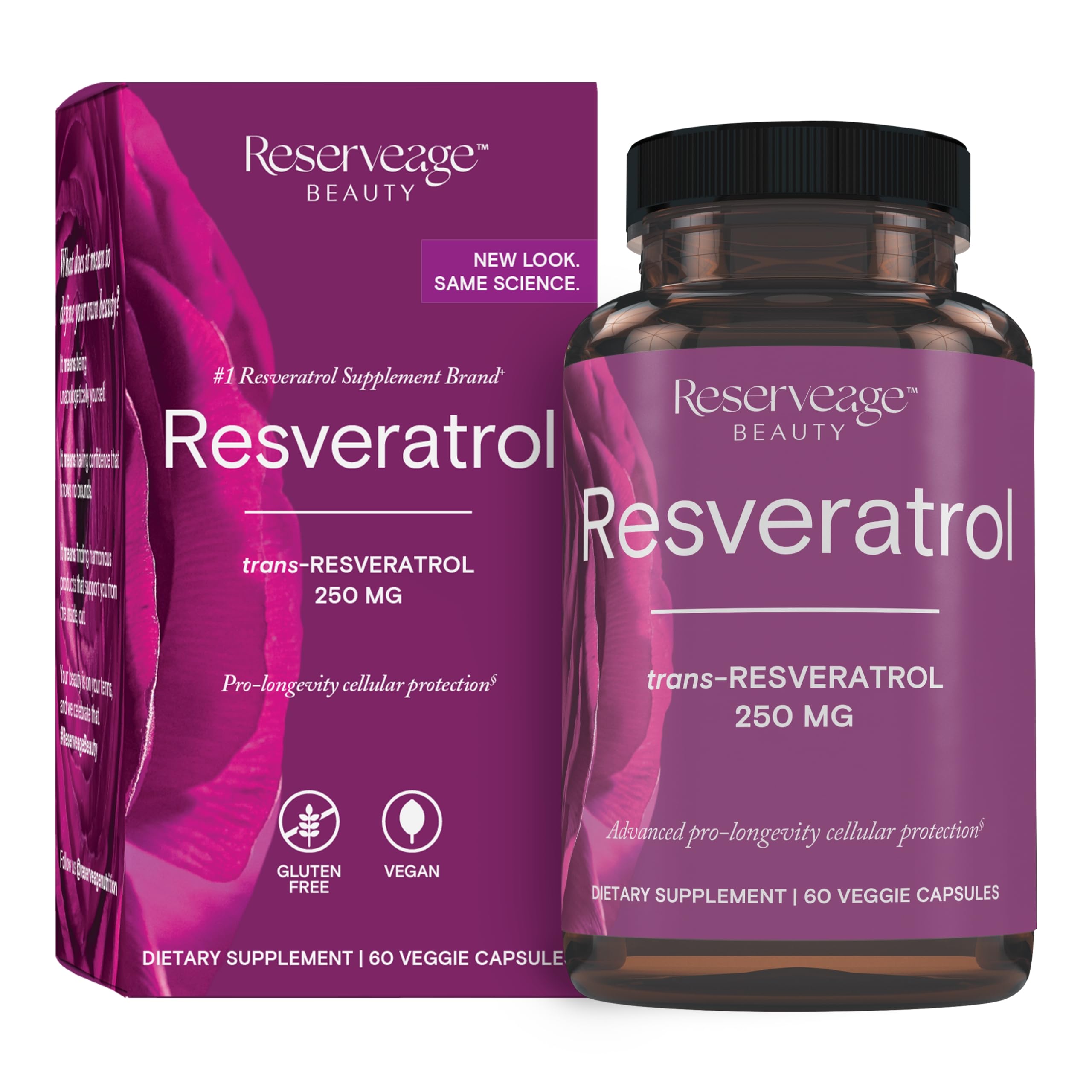 Reserveage Beauty Resveratrol 250Mg | Trans - Resveratrol | For Advanced Pro- Longevity Cellular Protection | Gluten Free | Vegan | 60 Veggie Capsules