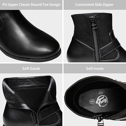 Miniatura 4 de Trary Botines para mujer, punta redonda, tacón bajo, botines con cremallera lateral, botines de invierno con hebilla, con forro polar