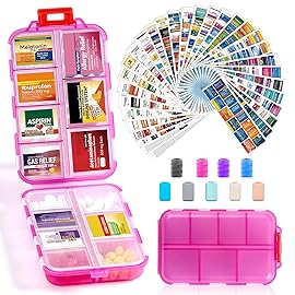 14 Grids Travel Pill Organizer Box with 415-Pcs Medicine Name Labels - Pocket Daily Pharmacy Case Container Kit - Travel Medication Holder Dispenser for Fish Oil Vitamin Supplement Storage -Clear Pink