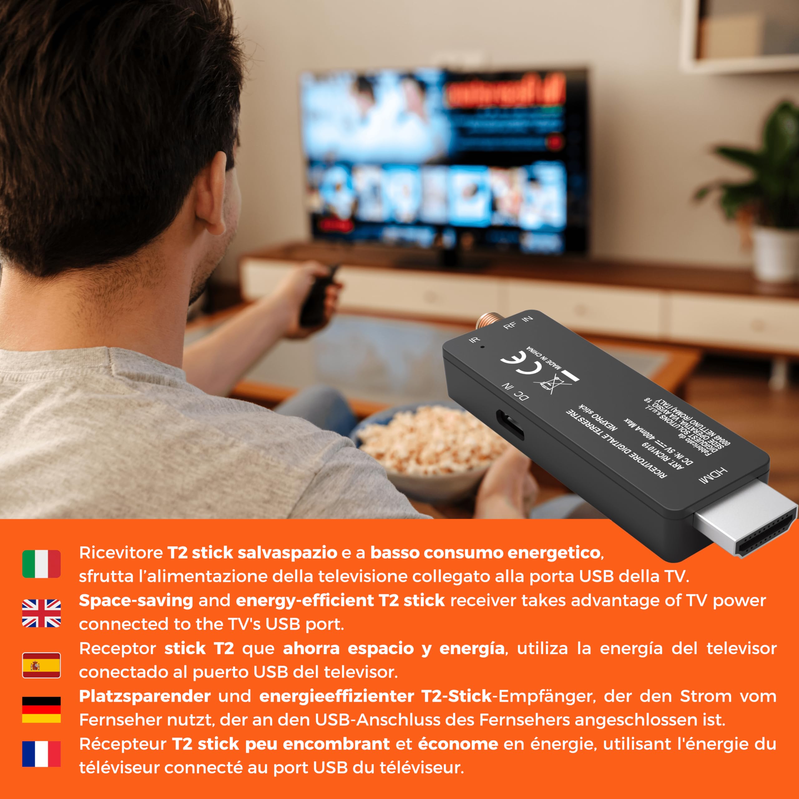 Stick - Decodificador Digital Terrestre, DVB-T2, Negro - Ahorra energía utilizando la alimentación del televisor, Mando a Distancia 2en1, Ideal para televisores montados en la Pared