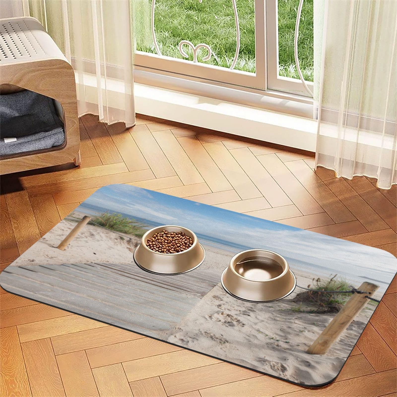 Strandlandschaft bedruckte Futternapf-Matten, rutschfeste und geschmacksneutrale Futtermatten für Hunde und Katzen