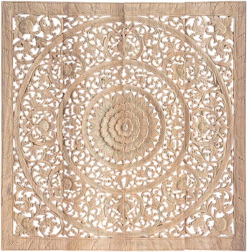 Mandala Wood Carving Mounted Panels, Wall Home Decorative Sculpture in Up-cycled Teak, Rustic Color, 48 inches