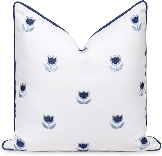 Hofdeco Premium Coastal Patio Indoor Outdoor Throw Pillow Cover Only, 20"x20" Water Repellent for Backyard, Couch, Navy Blue Embroidered Tulips Floral with Piping