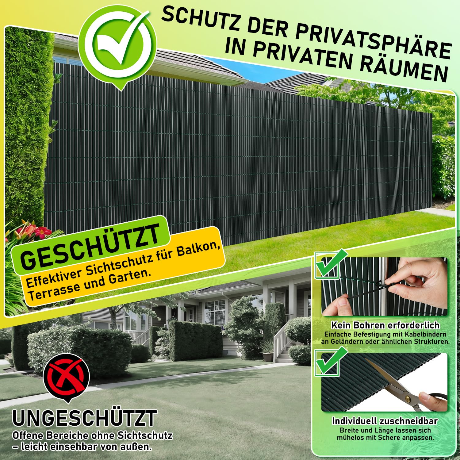 Mata maskująca z PCW, zielona, odporna na promieniowanie UV, pleśń i łatwa w pielęgnacji, wzmacnia prywatność ogrodu, balkonu, tarasu (160 x 300 cm)