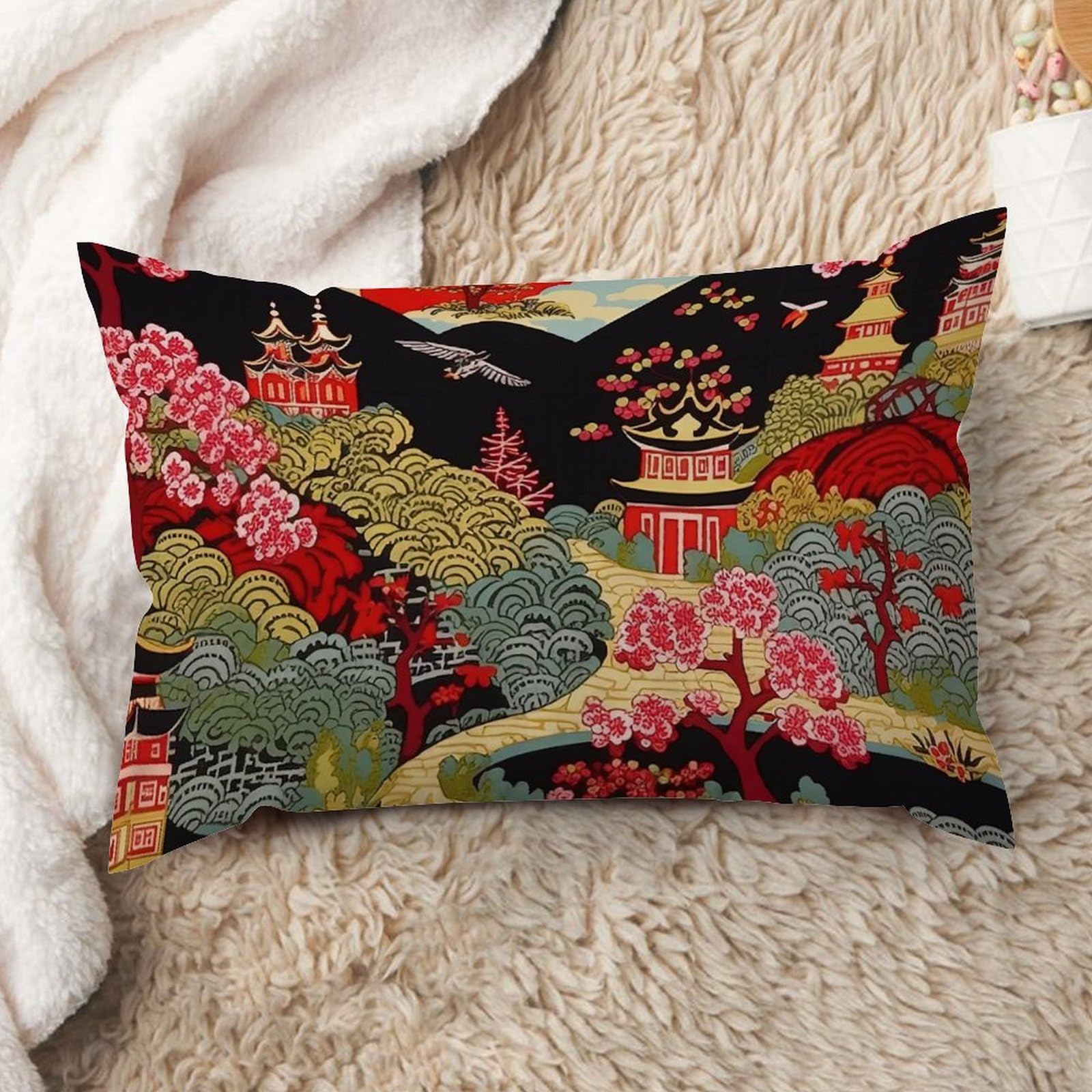 ArogGeldChinoiserie Charcoal Coral Pagoda Pillow Cover Pagoda and Flower Asian Style Decorative Cushion Covers Chinoiserie Style Lumbar Accent Pillow for Sofa Living Room 16x24in White Flax