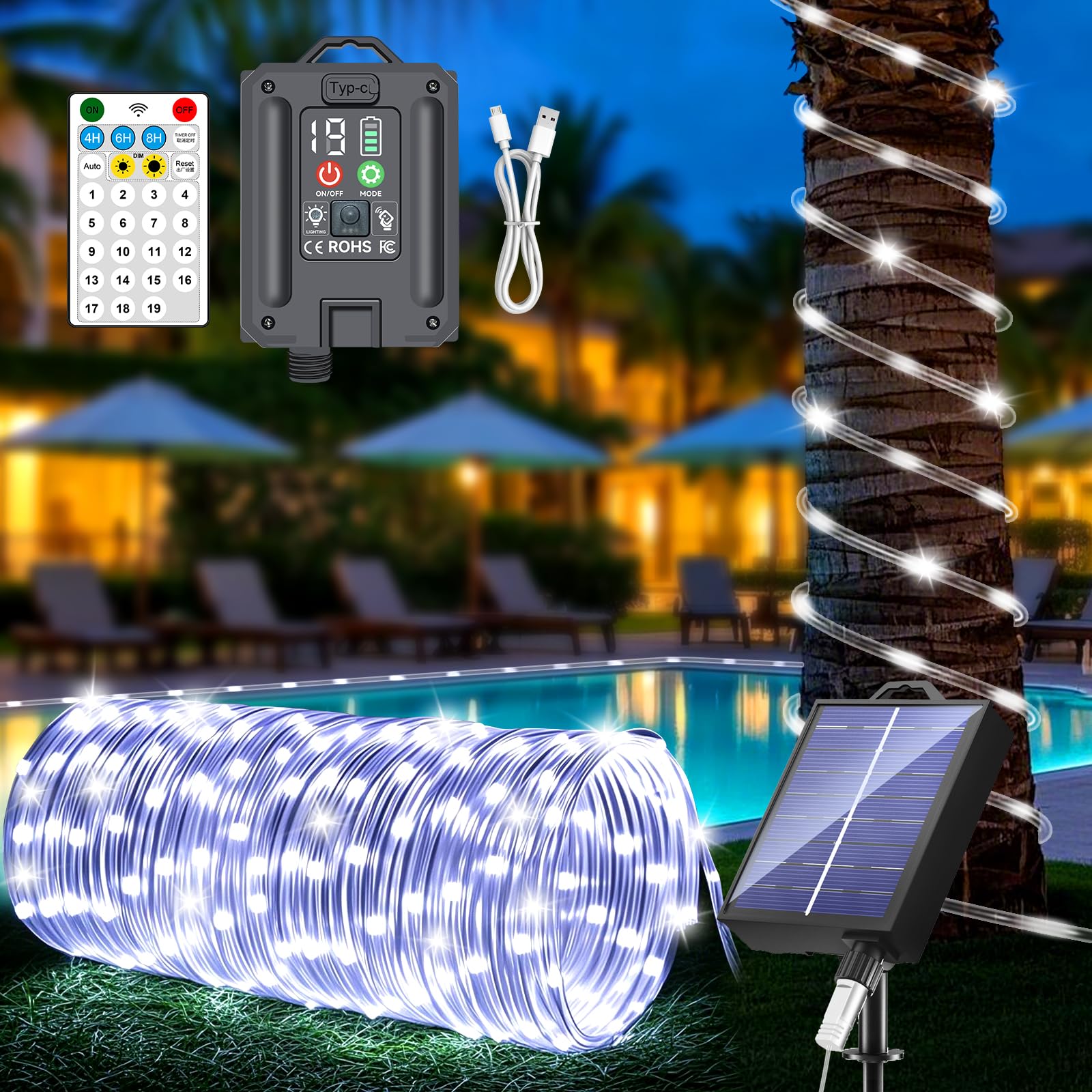 New Upgraded Solar Rope Lights Outdoor Waterproof 105ft 300 LED Solar String Lights with Remote Timing Dimmable 19 Modes Garden Lights for Camping Pathway RV Camp Christmas Decoration (300LED-White)