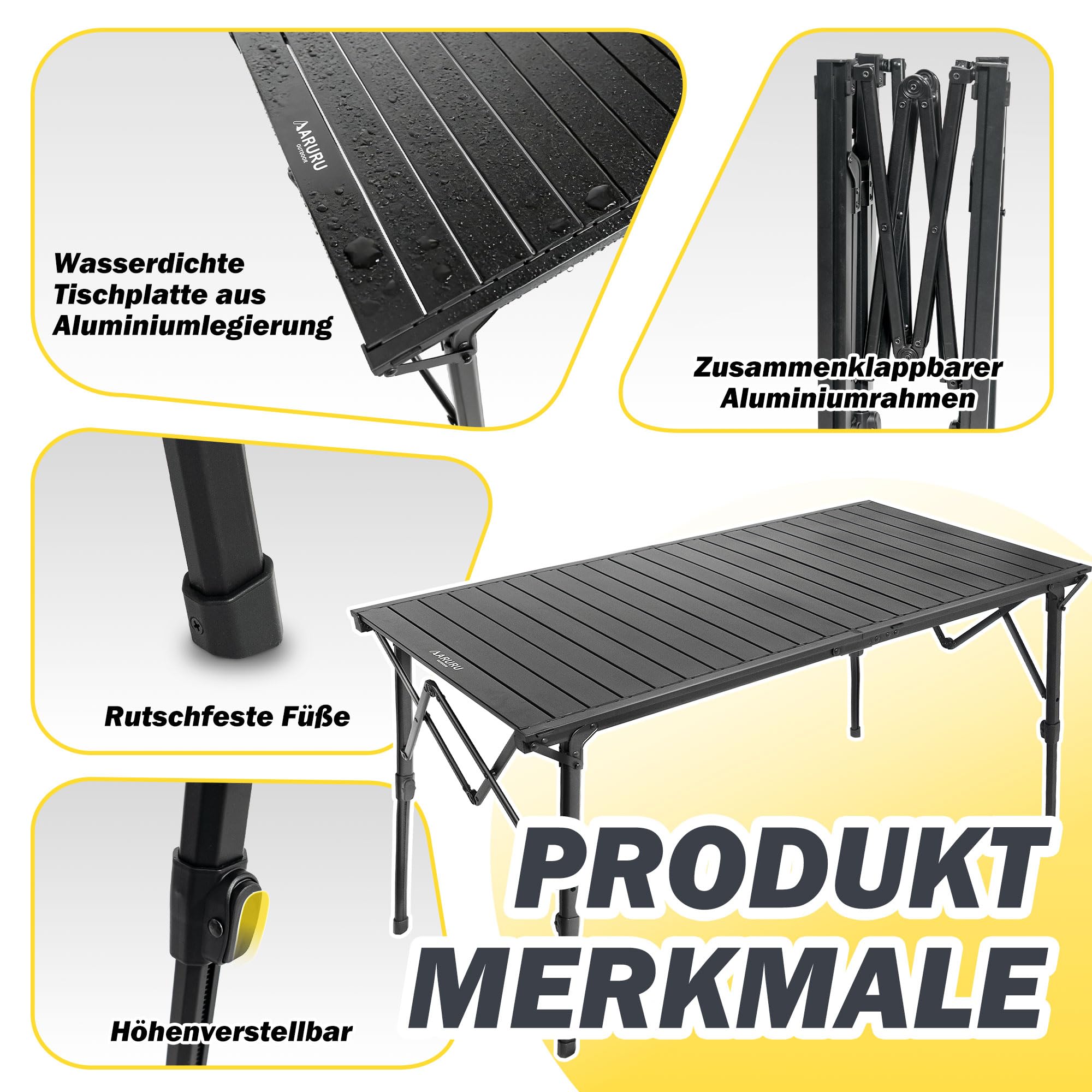 Campingtisch klappbar 128×60.5cm mit Aluminiumrahmen Aufrollbare Tischplatte Falttisch klappbar Höhenverstellung - bis 50kg inkl für 4-6 Personen