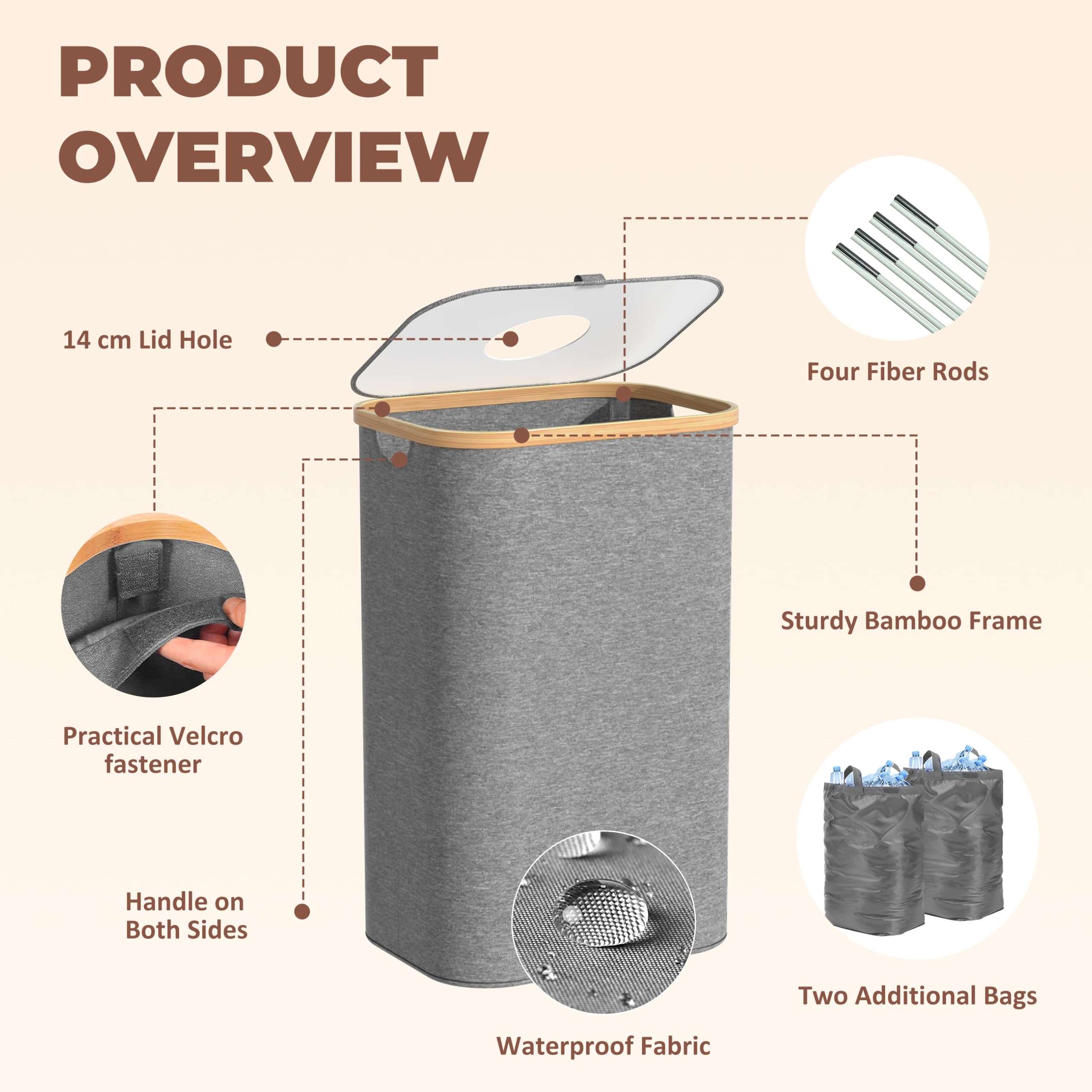 Returnable Bottle Container 100L Grå – Bottle Collector with 2 Transport Bags – Deposit Bottle Container Drop Hole – Bamboo Foldable