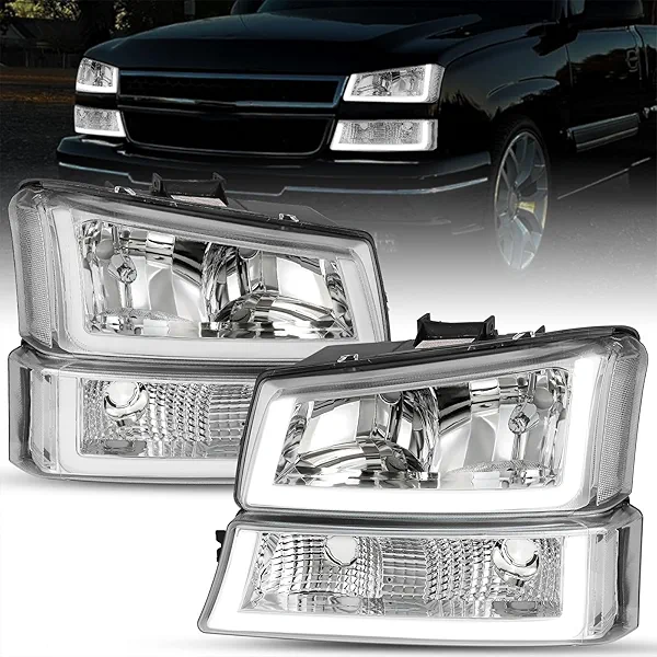 SOCKIR 4pcs w/U Type LED DRL for 2003-2006 Chevy Silverado/Avalanche Headlight Assembly 1500 2500 HD 3500 07 Classic Model Chrome Housing Clear Reflector