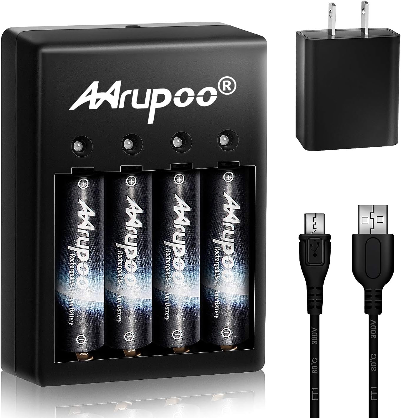 Mrupoo 4Pcs 1.5v 3200mWh AA Rechargeable Lithium Batteries With 4 Slots Ports AA AAA Battery 2 Hours Quick Charger , Micro-USB Port , Output at 1.5V