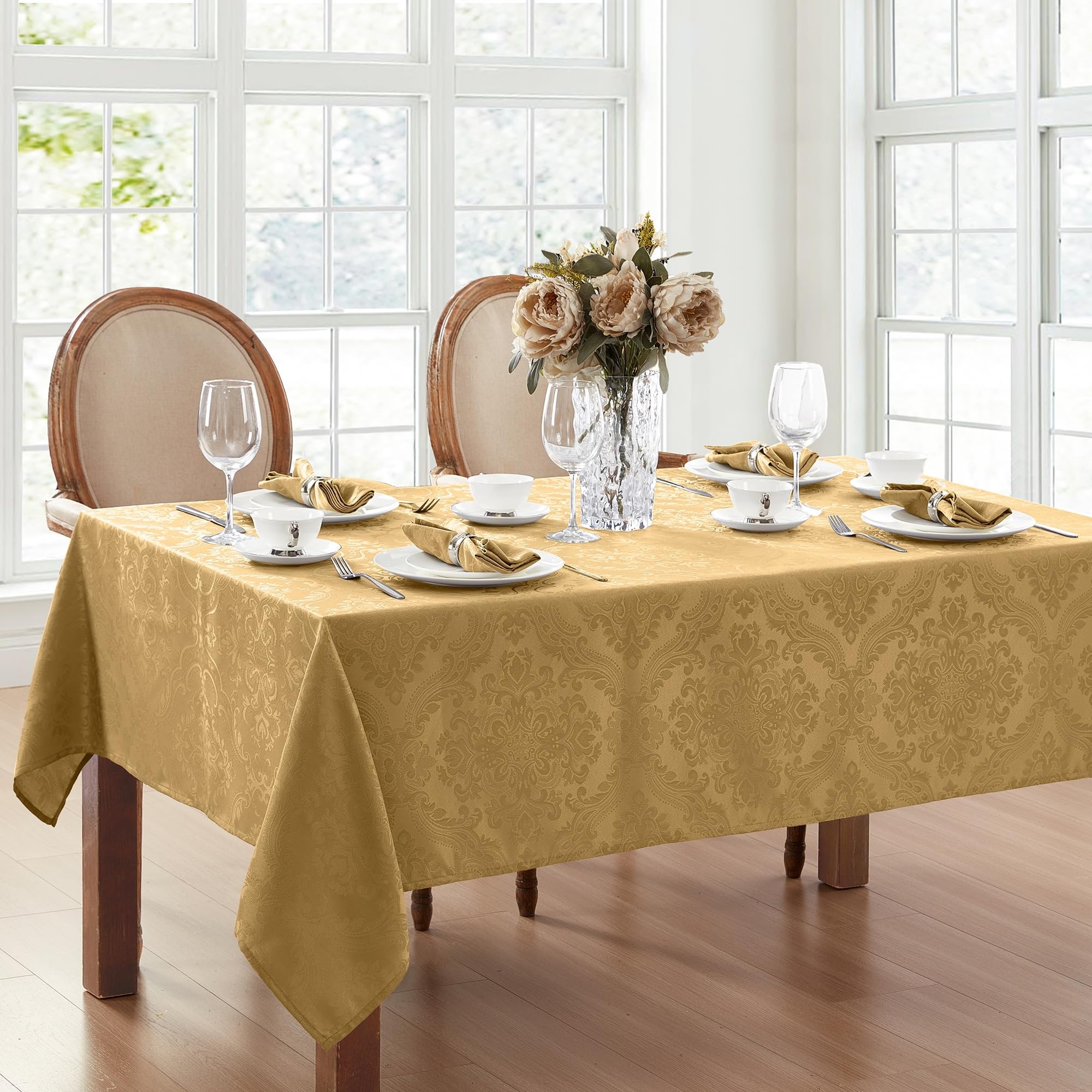 Elrene Damask Tablecloth, Polyester, Gold, 60" x 144" Oblong/Rectangle