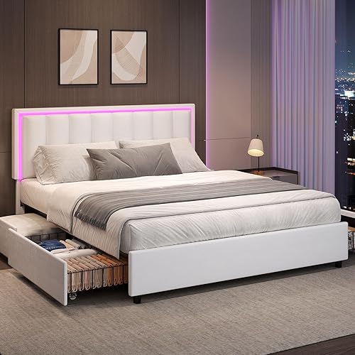 Miniatura 12 de Base de cama tamaño Queen con 4 cajones de almacenamiento, marco de cama tapizado con cabecero, luces LED RGB, marco de metal resistente y soporte