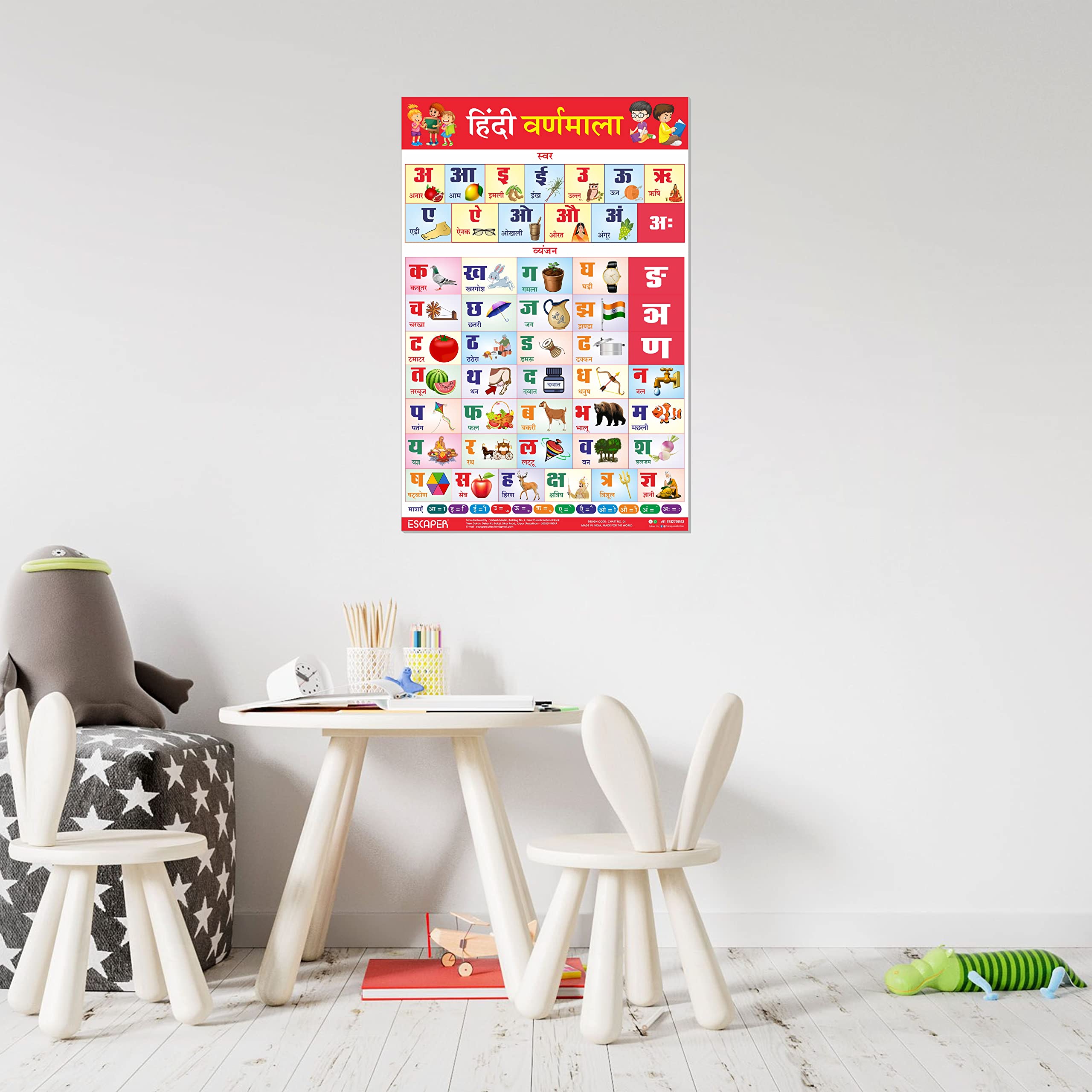 ESCAPER Gráfico de Hindi Varnamala para niños que aprenden (11.5 x 17.5 pulgadas), póster de gráfico Hindi Varnamala, gráfico de pared Hindi Varnmala, gráfico de Hindi Varnamala, tamaño grande