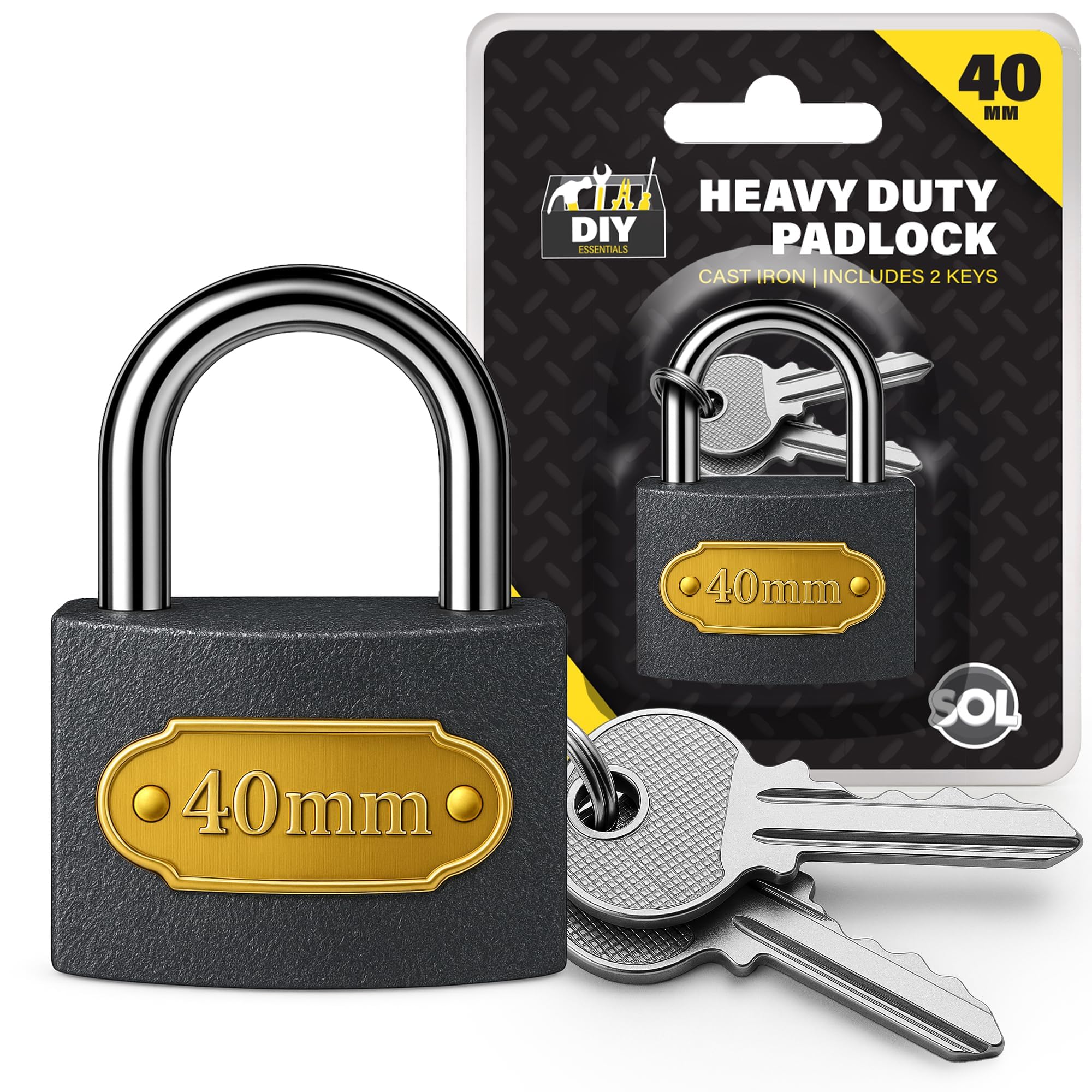 Sol 2X Heavy Duty Padlocks With Keys, 40Mm Outdoor Lock With 2 Matching Key Set, Hardened Steel Shackle For Anti-Cutting & Sawing, Weatherproof Security