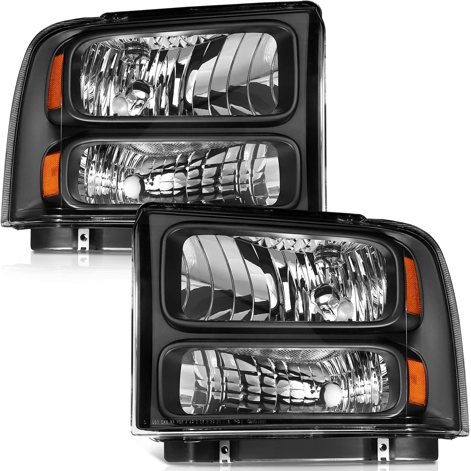 LSAILON Headlight Assembly Replacement Fit 2005-2007 For Ford For F-250/For F-350,2005-2007 For Ford Super Duty For F-250/For F-350/For F-450 Black Housing Amber Reflector Clear Lens