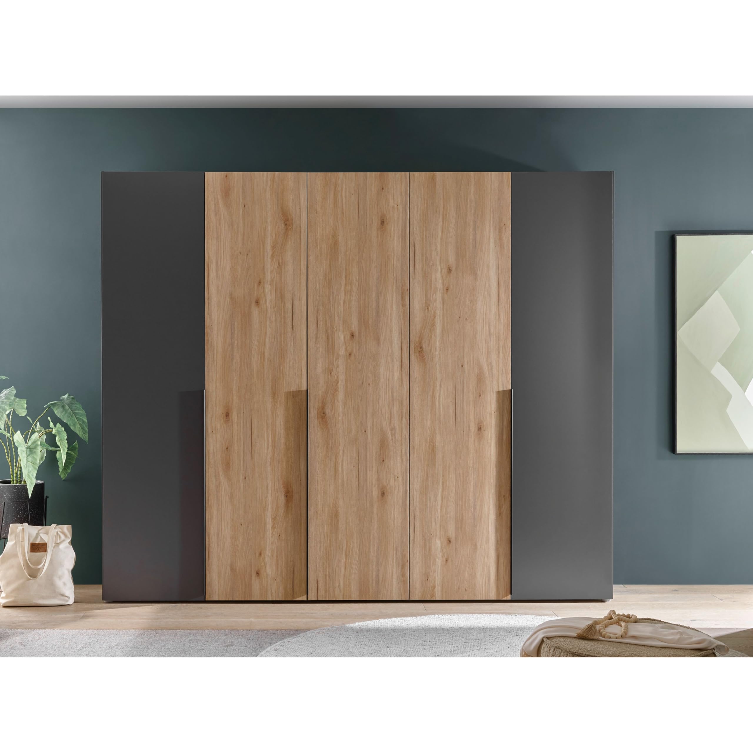 Stella Trading ASKA Kleiderschrank in Graphit, Mauvella Eiche Optik - Vielseitiger Drehtürenschrank 5-türig für Ihr Schlafzimmer - 249 x 210 x 53 cm (B/H/T)