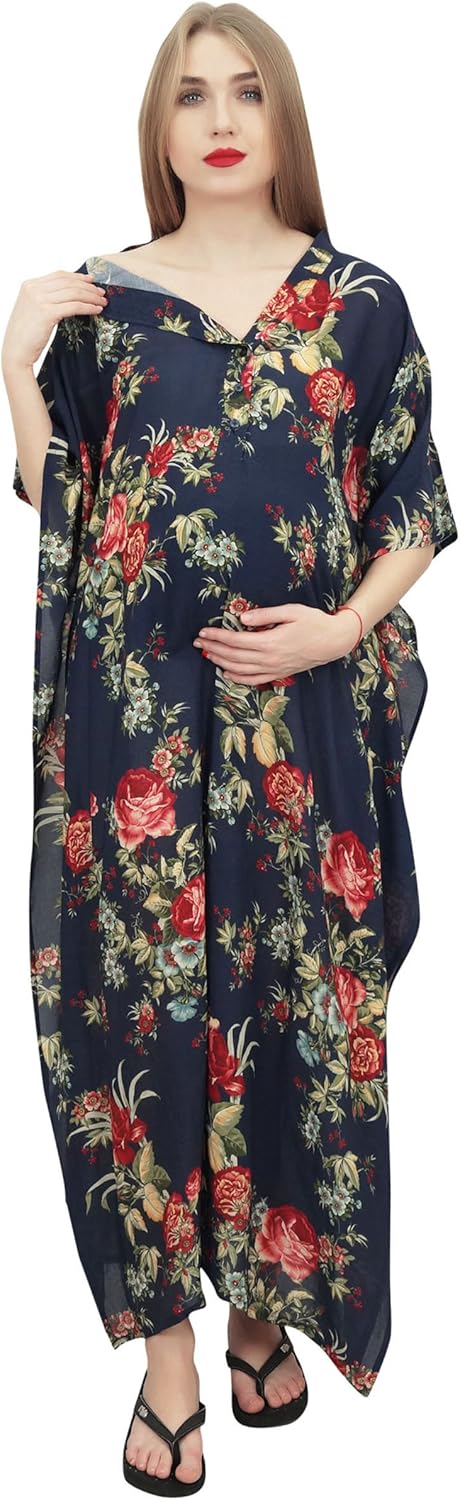 Bimba Moms Floral Printed Kaftan with Belt Maternity Maxi Dress