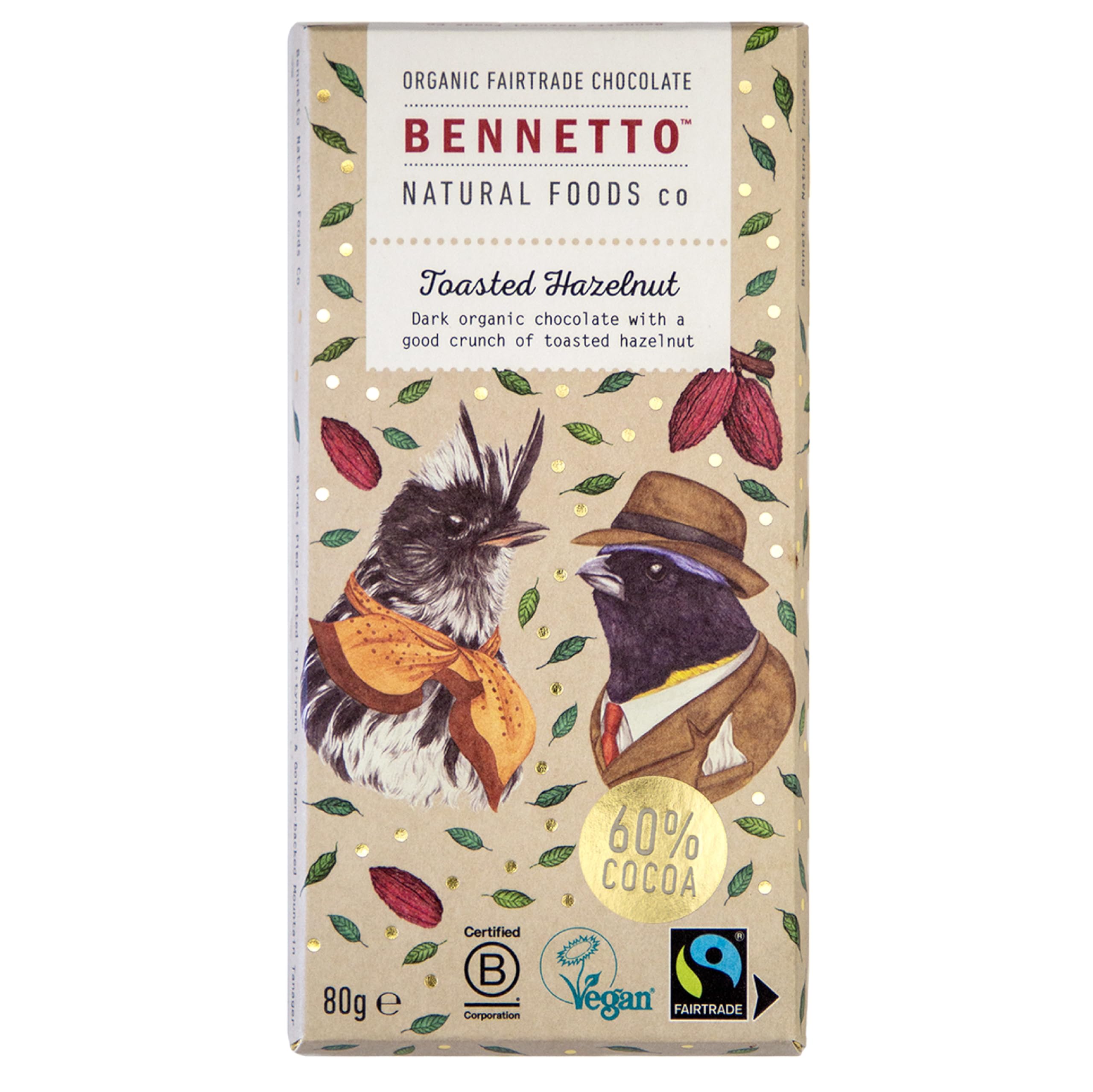 BENNETTO | Toasted Hazelnut | Dark organic chocolate with crunchy toasted hazelnuts. 60% cocoa. Certified organic, Fairtrade, and net climate positive. 1x 80g Bar