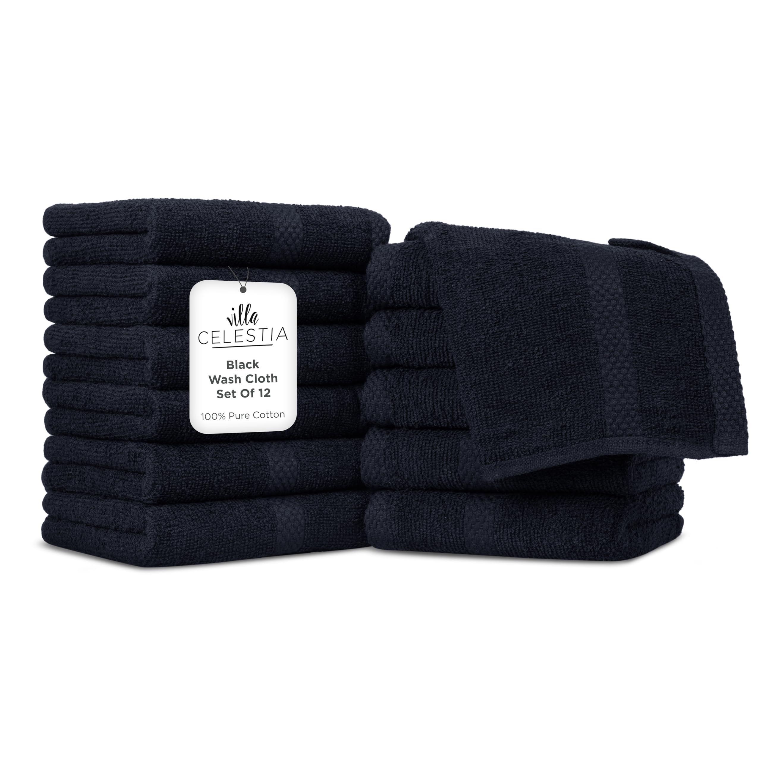 100% Cotton Wash Cloth for face & Body Set of 12, (12 x 12 inches) Sustainable, Soft, Highly Absorbent, Combed Cotton Wash Cloths Pack of 12 for Hotels, Spa, Bathroom, Dorm, Black